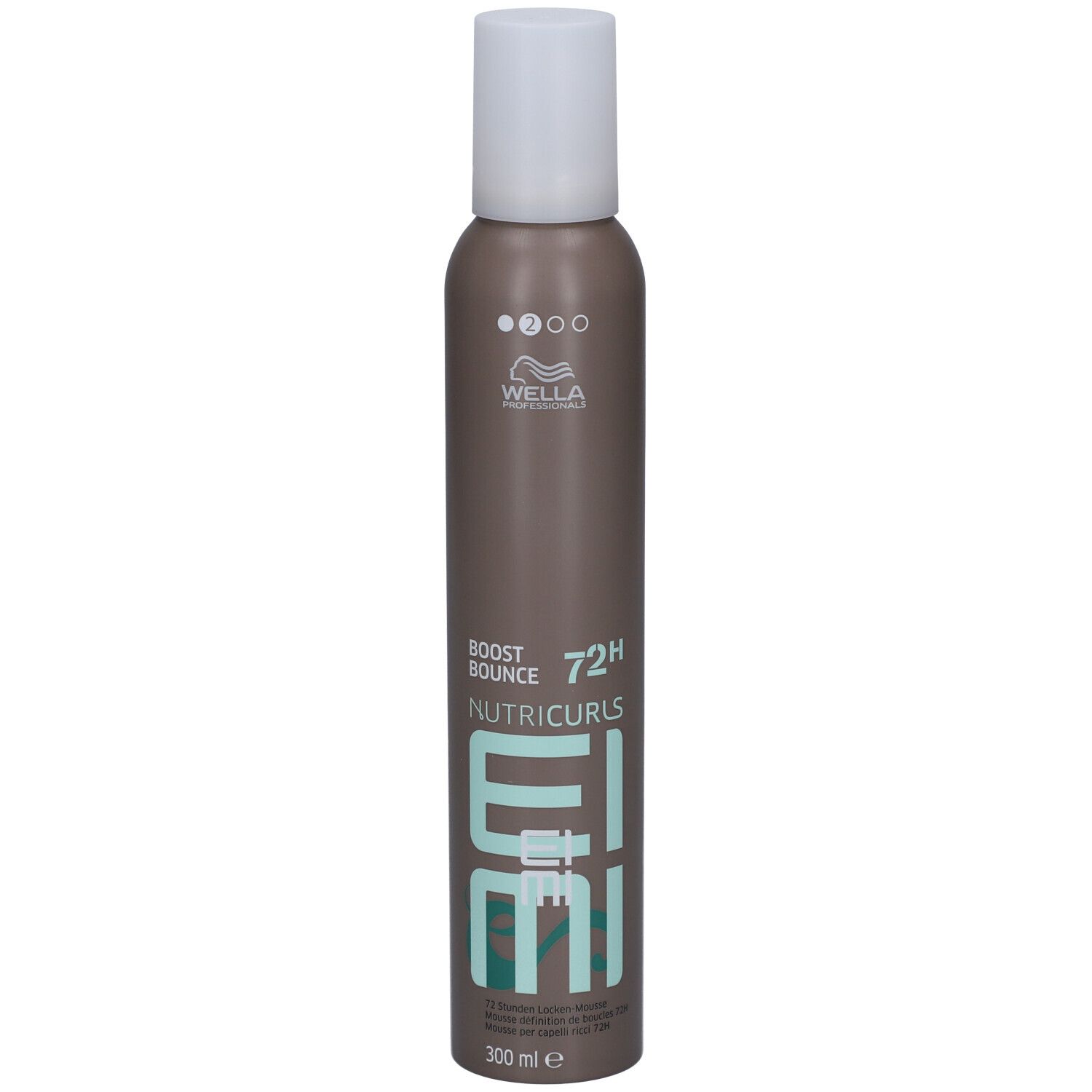 Flacon de mousse capillaire. Marron, bouchon blanc. Texte : Boost Bounce, Nutricurls, EIMI, 72H. 300 ml.