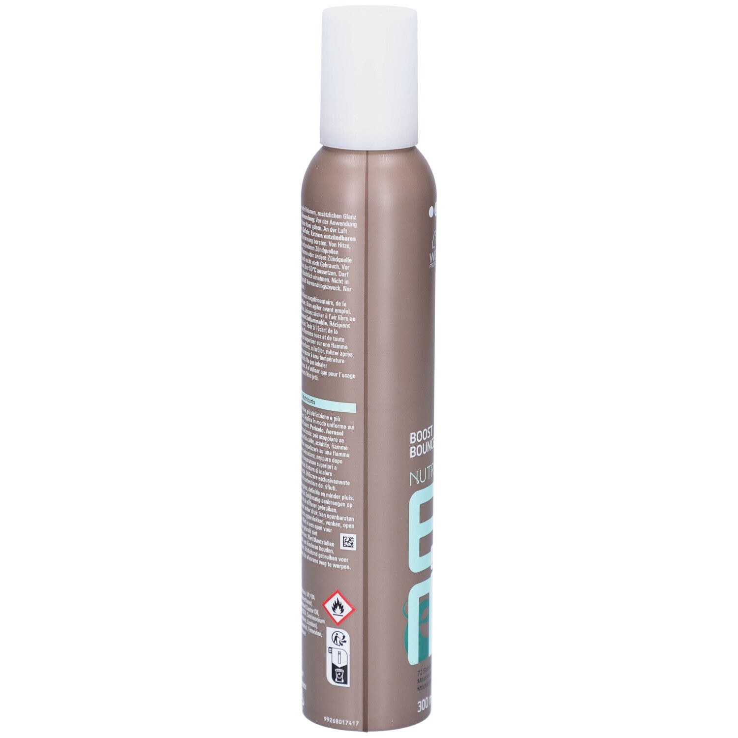 Flacon de mousse capillaire. Marron, bouchon blanc. Dos avec texte. Avertissements et symboles.