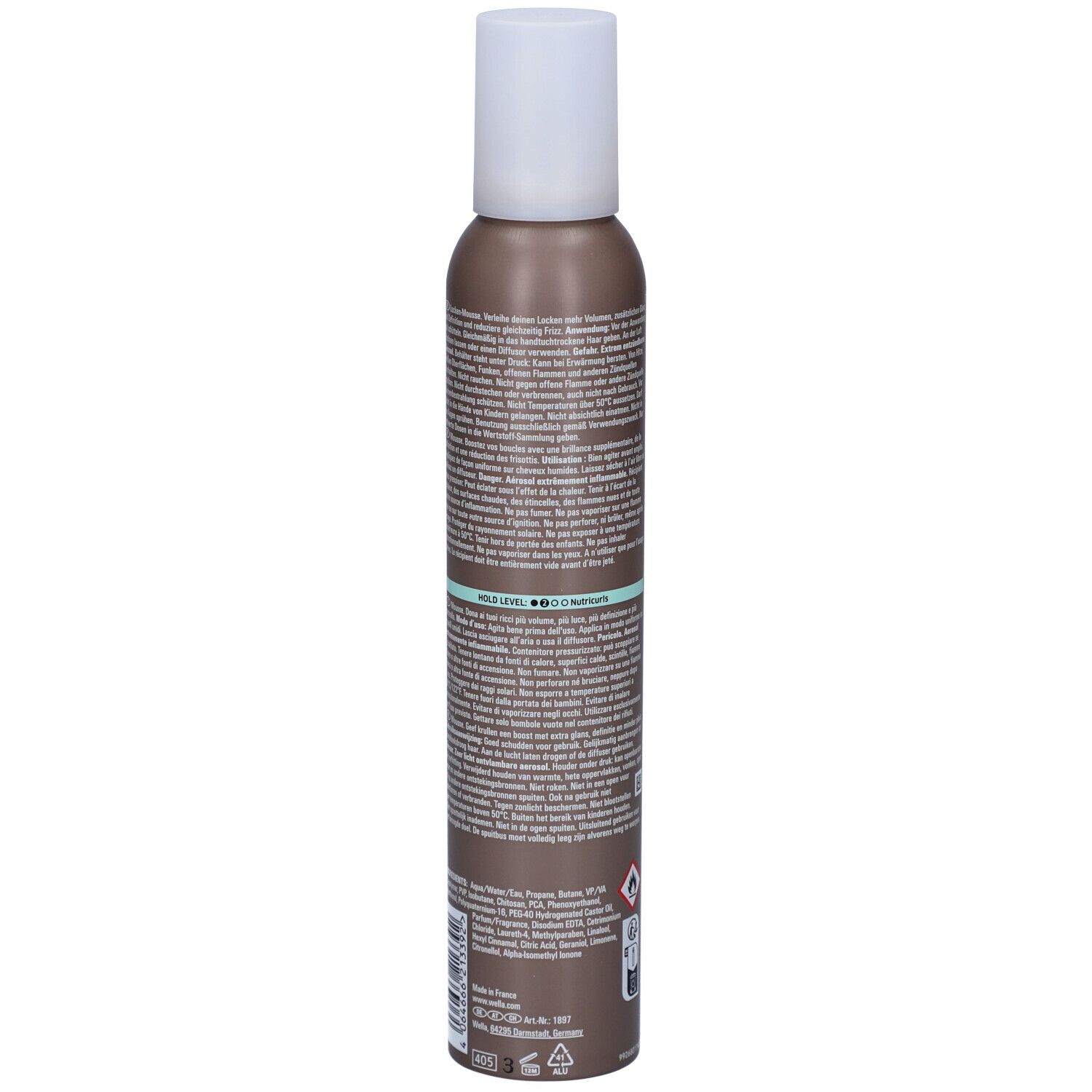 Flacon de mousse capillaire. Marron, bouchon blanc. Dos avec texte. Avertissements et symboles.