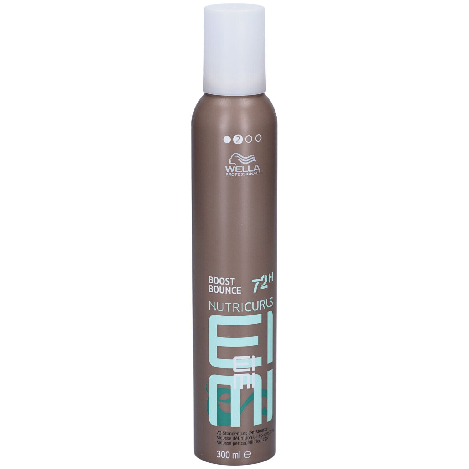 Flacon de mousse capillaire. Marron, bouchon blanc. Texte : Boost Bounce, Nutricurls, EIMI, 72H. 300 ml.