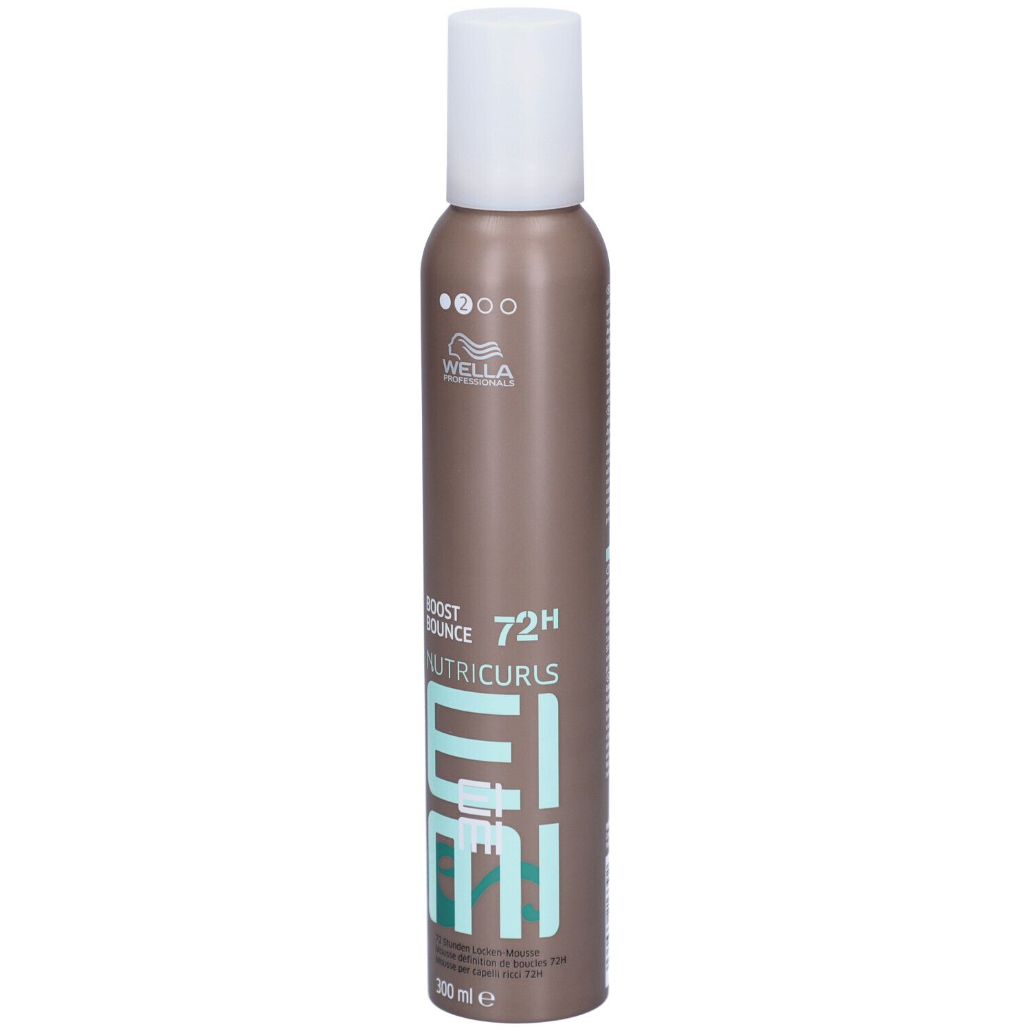 Flacon de mousse capillaire. Marron, bouchon blanc. Texte : Boost Bounce, Nutricurls, EIMI, 72H. 300 ml.