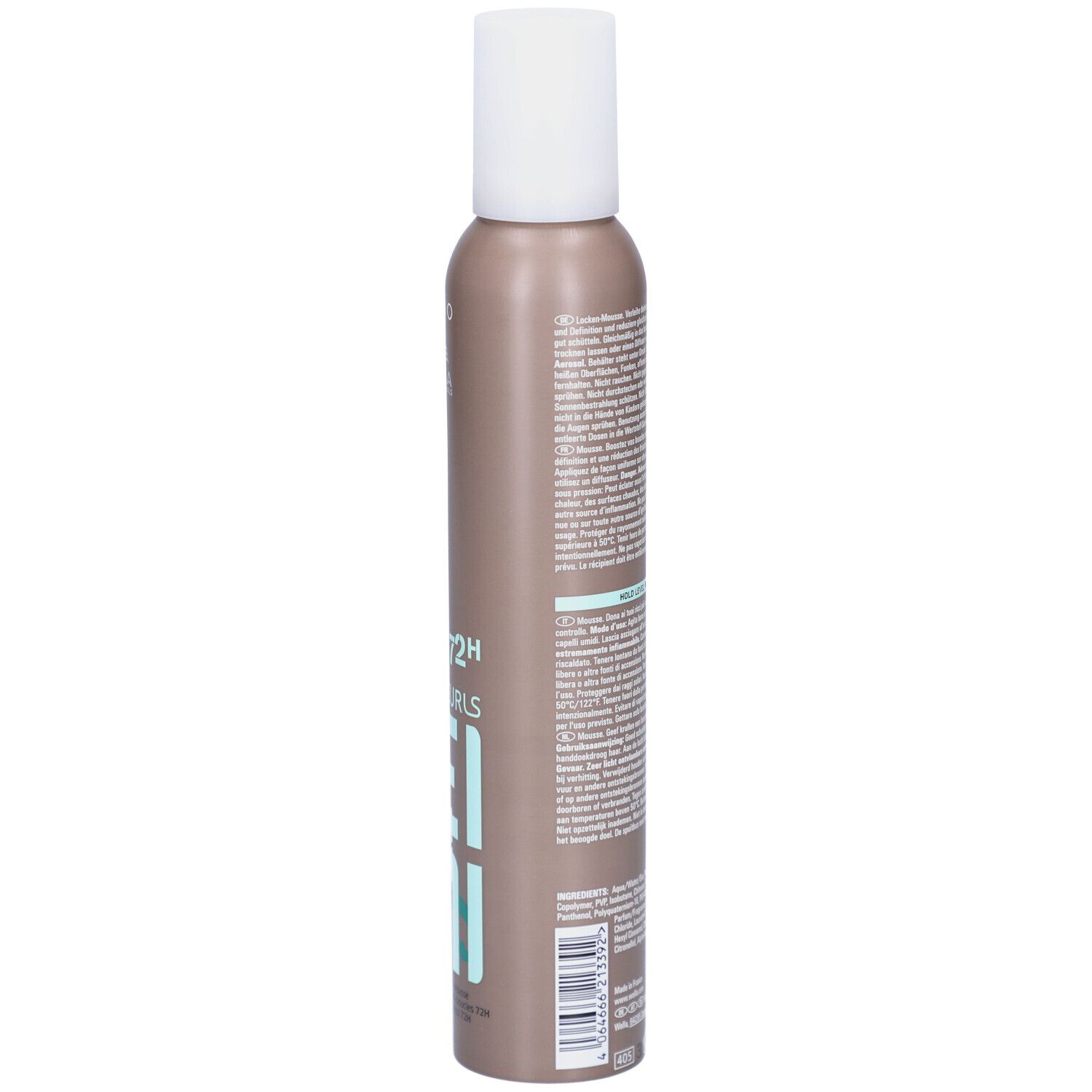 Flacon de mousse capillaire. Marron, bouchon blanc. Dos avec texte. Avertissements et symboles.
