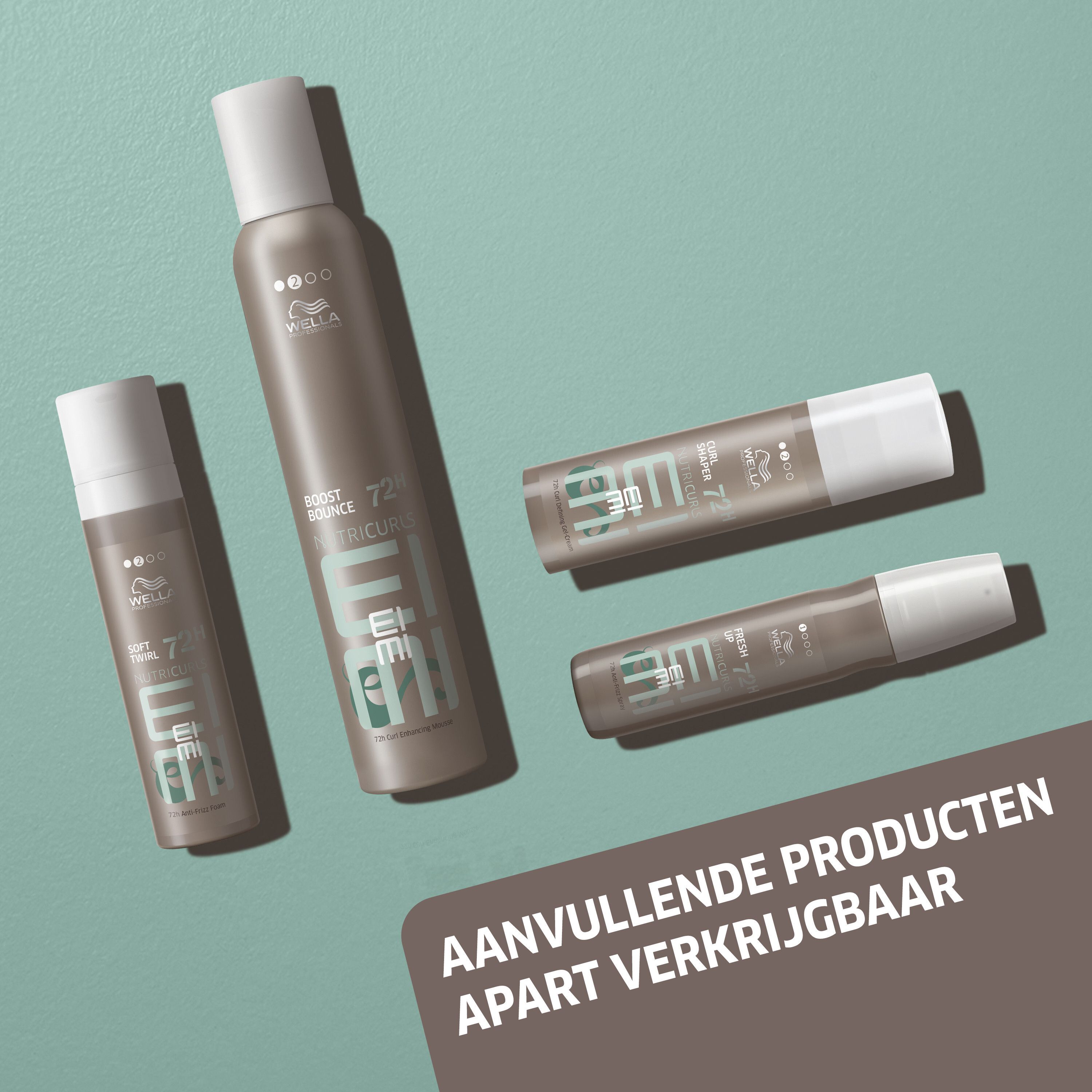 Haarmousseflessen. Bruin, witte dop. Tekst: Boost Bounce, Nutricurls, EIMI, 72H. Tekst: Aanvullende producten apart verkrijgbaar.
