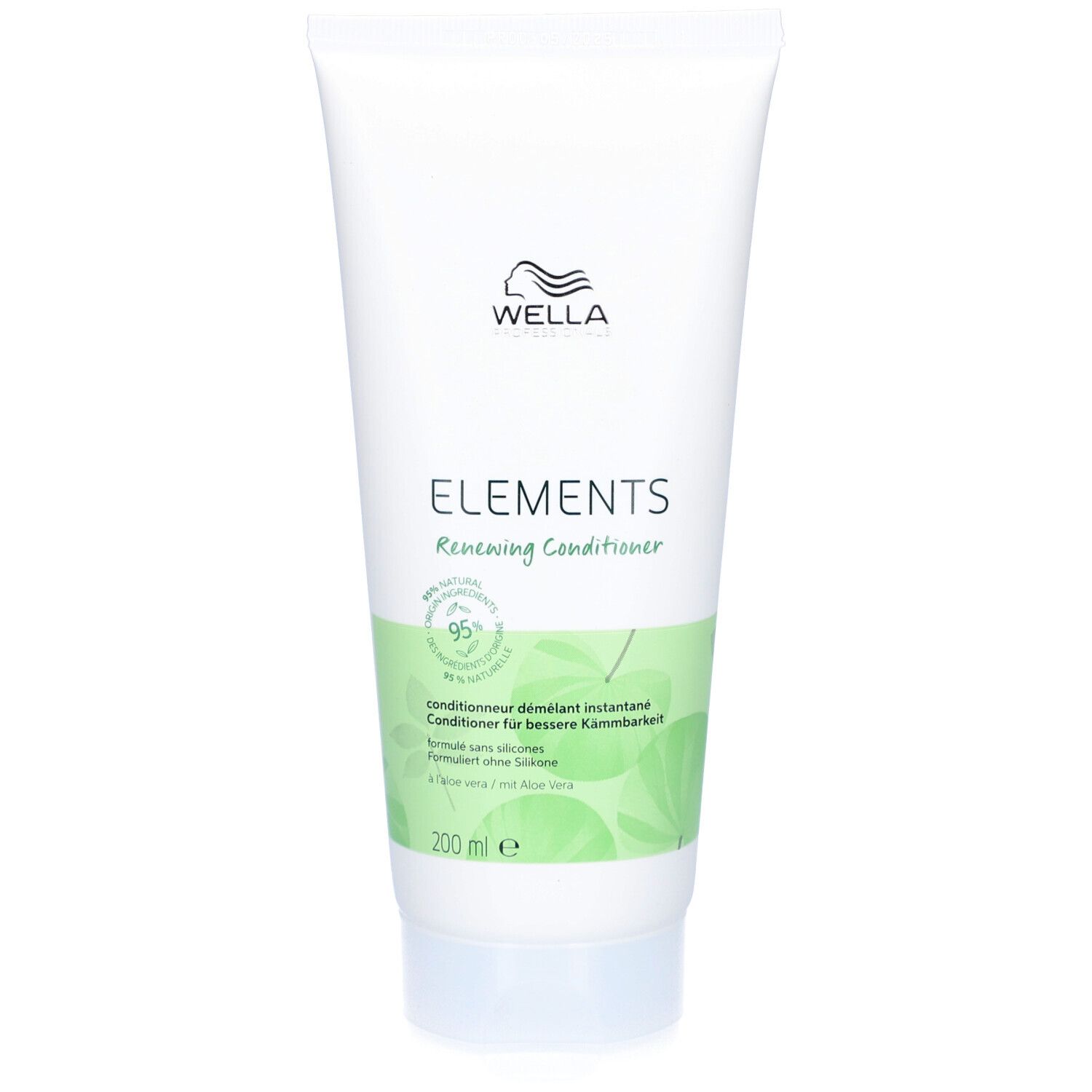 Witte tube met groen etiket. Opschrift: Wella Elements Renewing Conditioner. 95% ingrediënten van natuurlijke oorsprong.