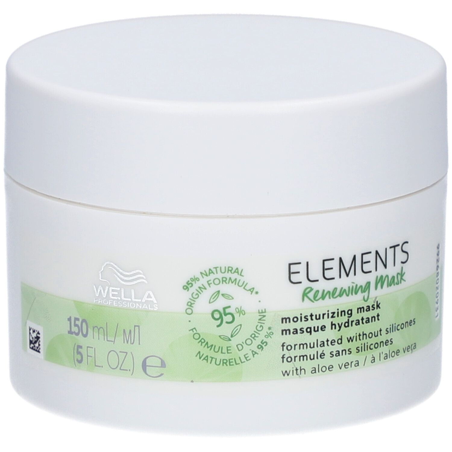 Pot blanc avec couvercle. Inscription: ELEMENTS Renewing Mask, 95% ingrédients naturels. Logo Wella.