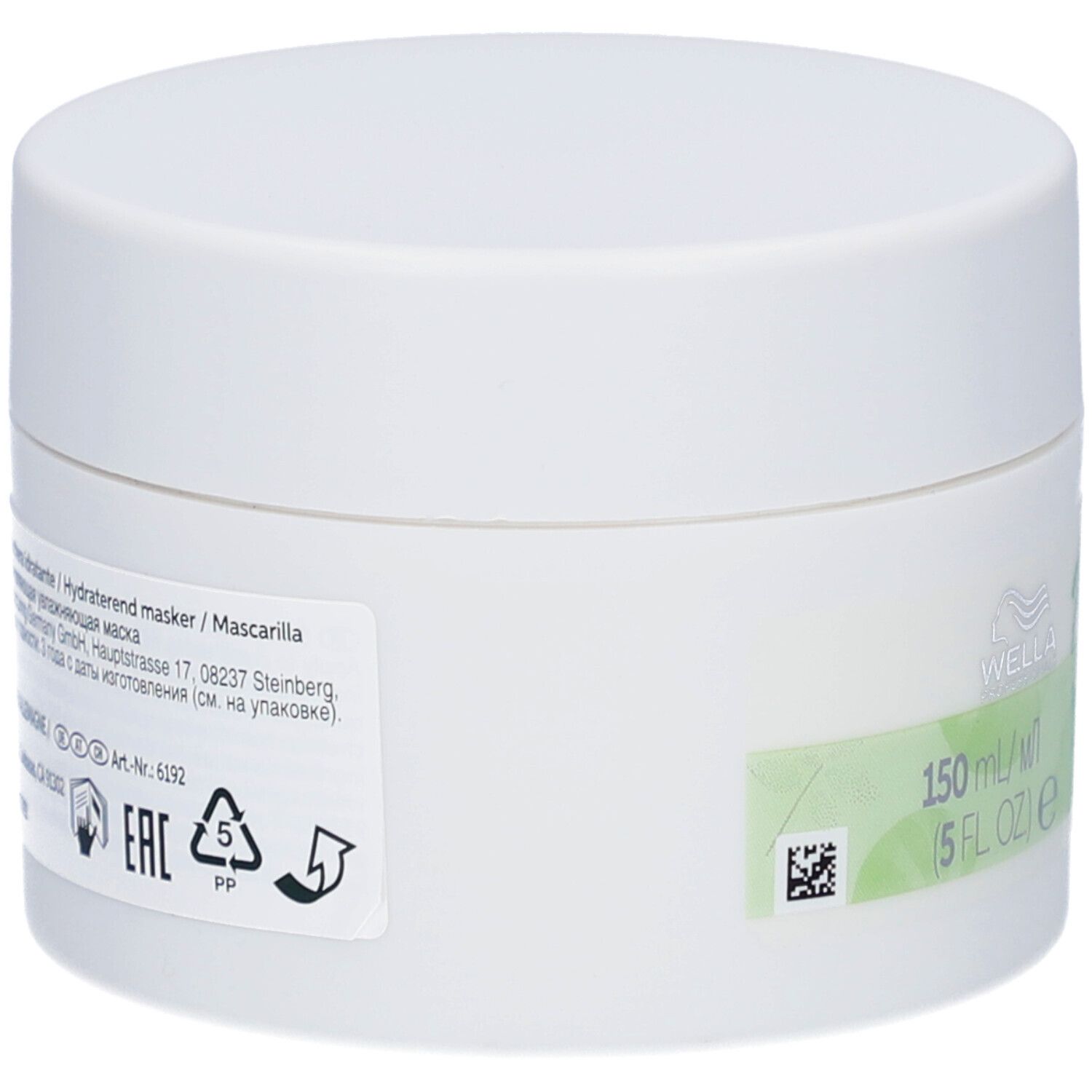 Pot blanc avec couvercle. Autocollant avec texte et code-barres. Logo Wella. Accents verts.