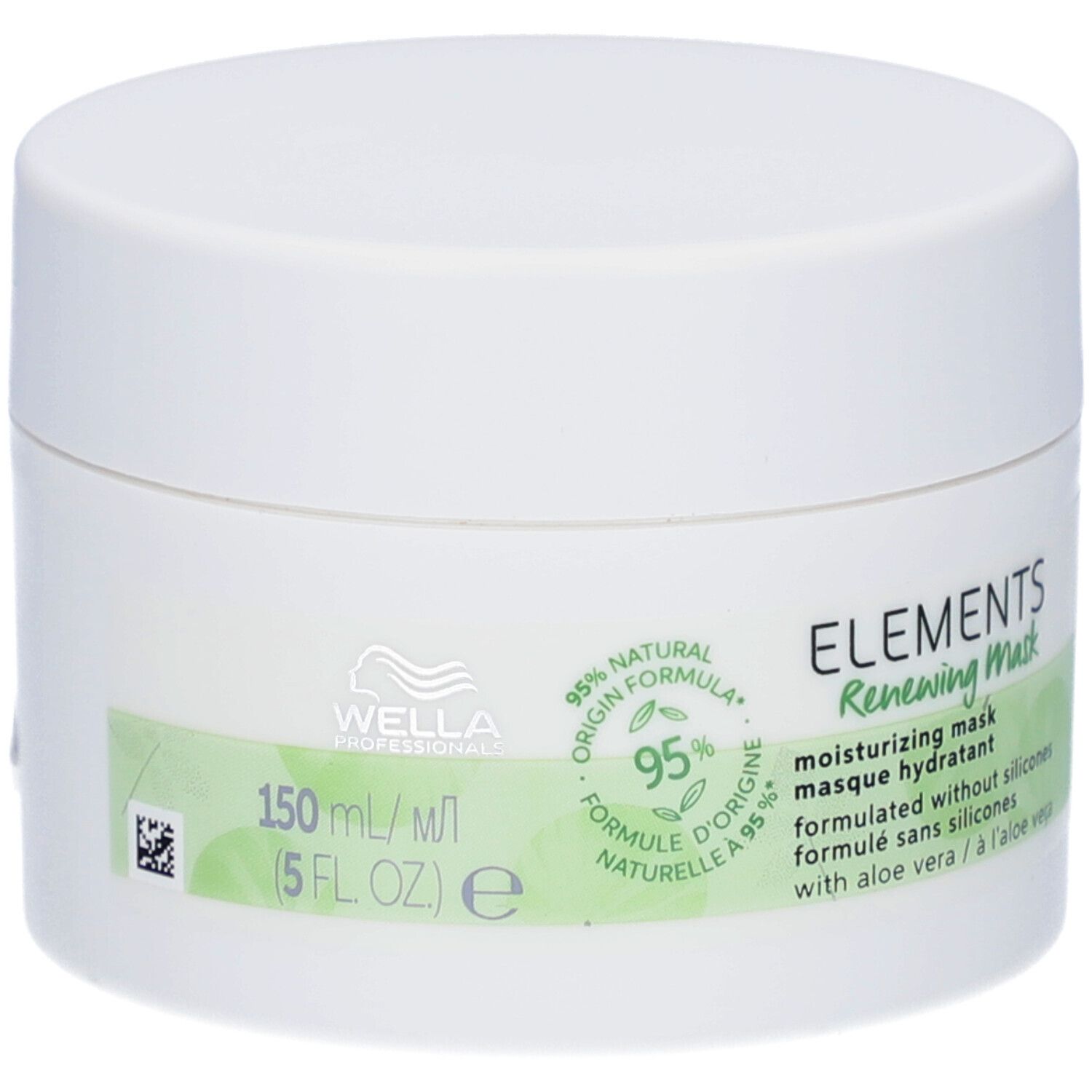 Pot blanc avec couvercle. Inscription: ELEMENTS Renewing Mask, 95% ingrédients naturels. Logo Wella.