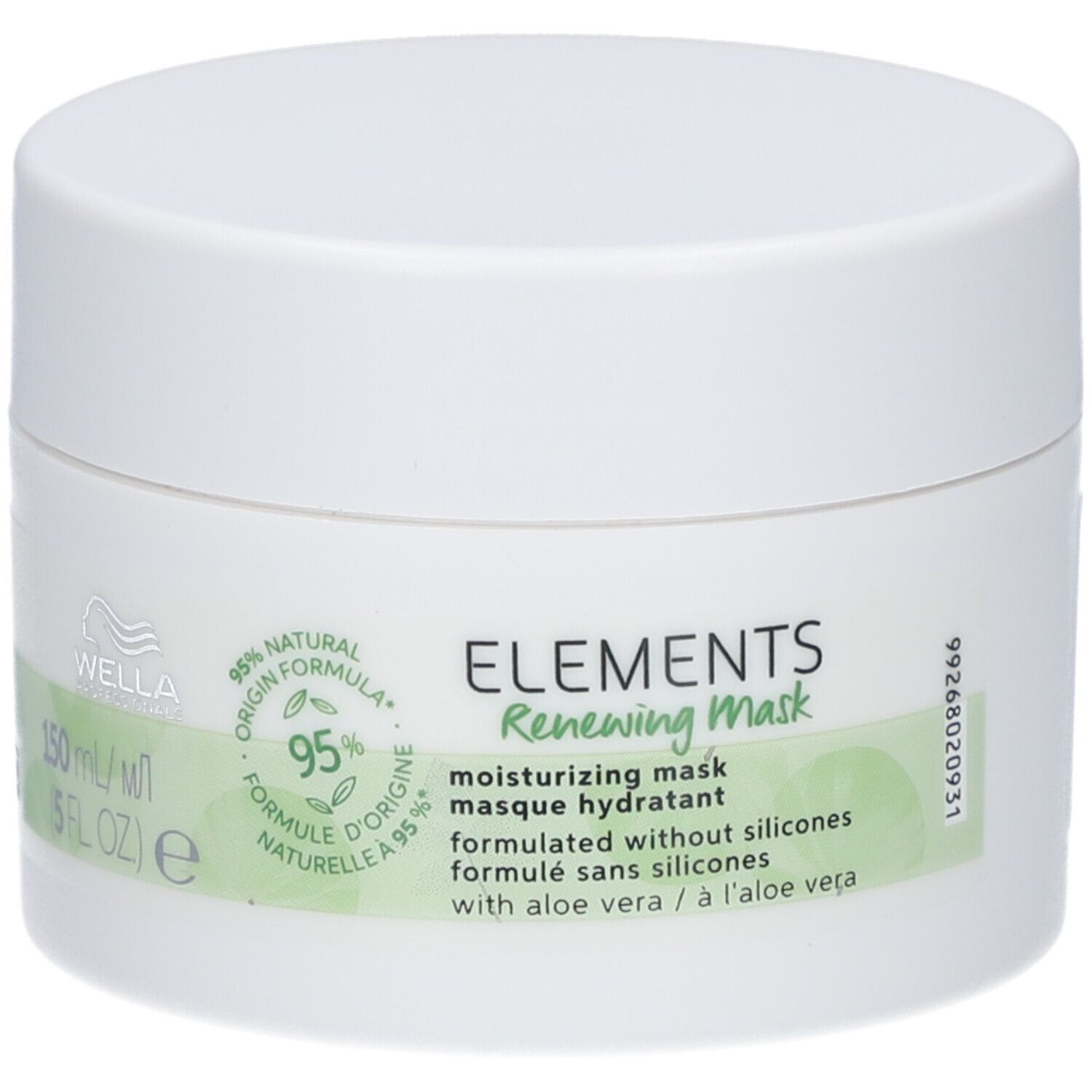 Pot blanc avec couvercle. Inscription: ELEMENTS Renewing Mask, 95% ingrédients naturels. Logo Wella.