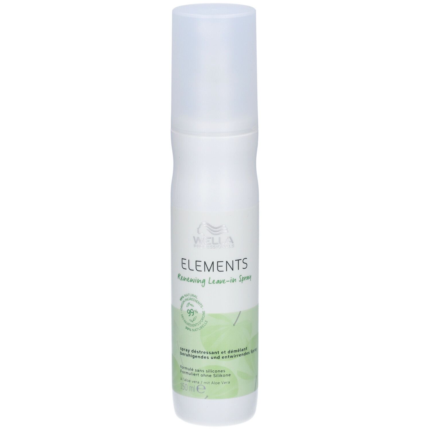 Witte sprayfles met groen etiket. Opschrift: ELEMENTS Renewing Leave-in Spray. 99% ingrediënten van natuurlijke oorsprong.