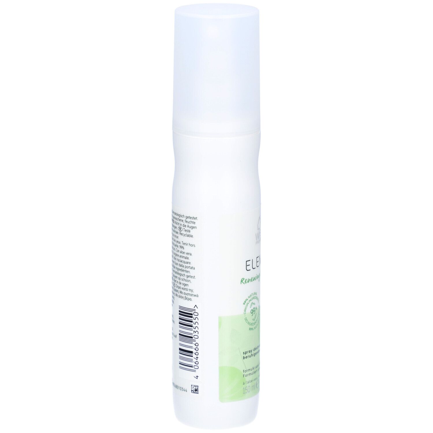 Witte sprayfles, achterkant met tekst en barcode. Opschrift: ELEMENTS Renewing Leave-in Spray. 99% natuurlijke ingrediënten.