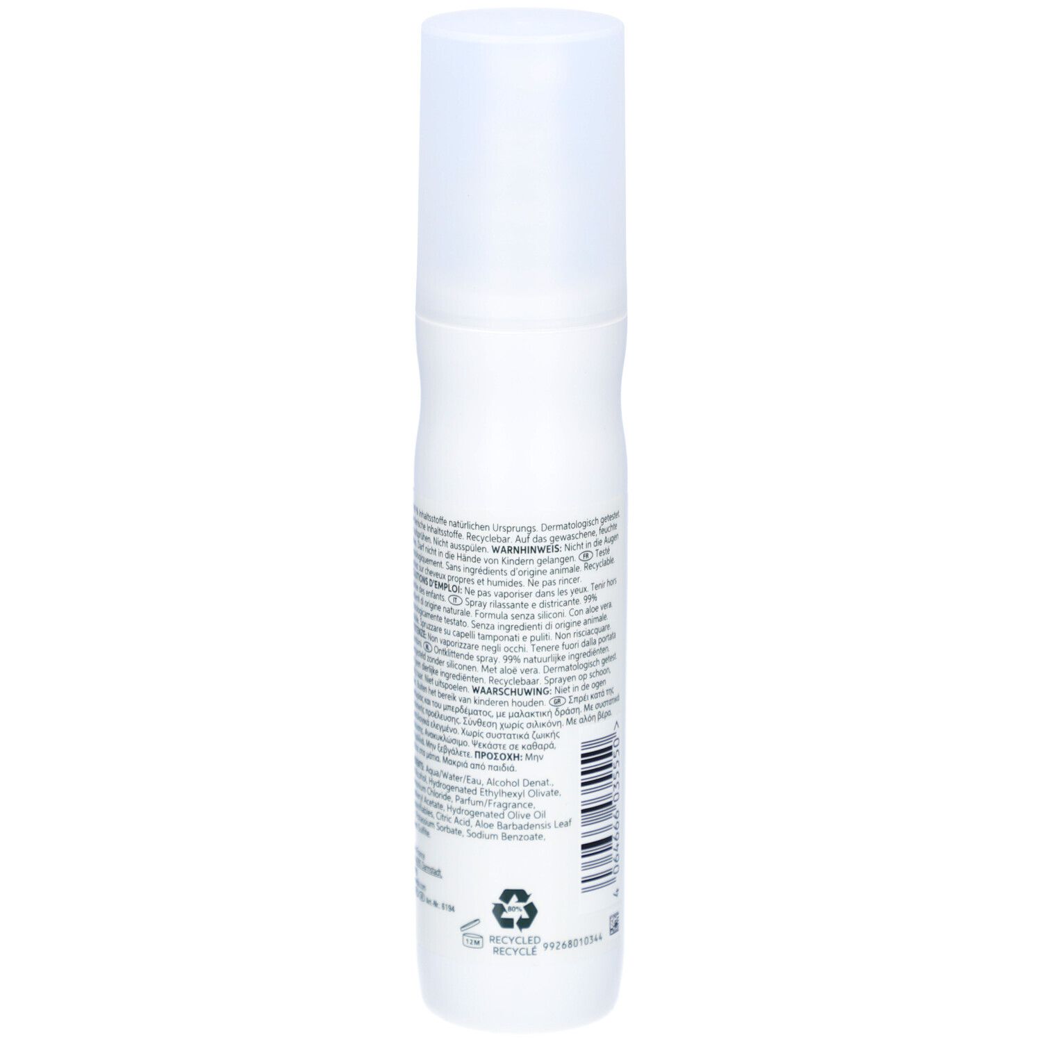Witte sprayfles, achterkant met tekst en barcode. Opschrift: ELEMENTS Renewing Leave-in Spray. 99% natuurlijke ingrediënten.