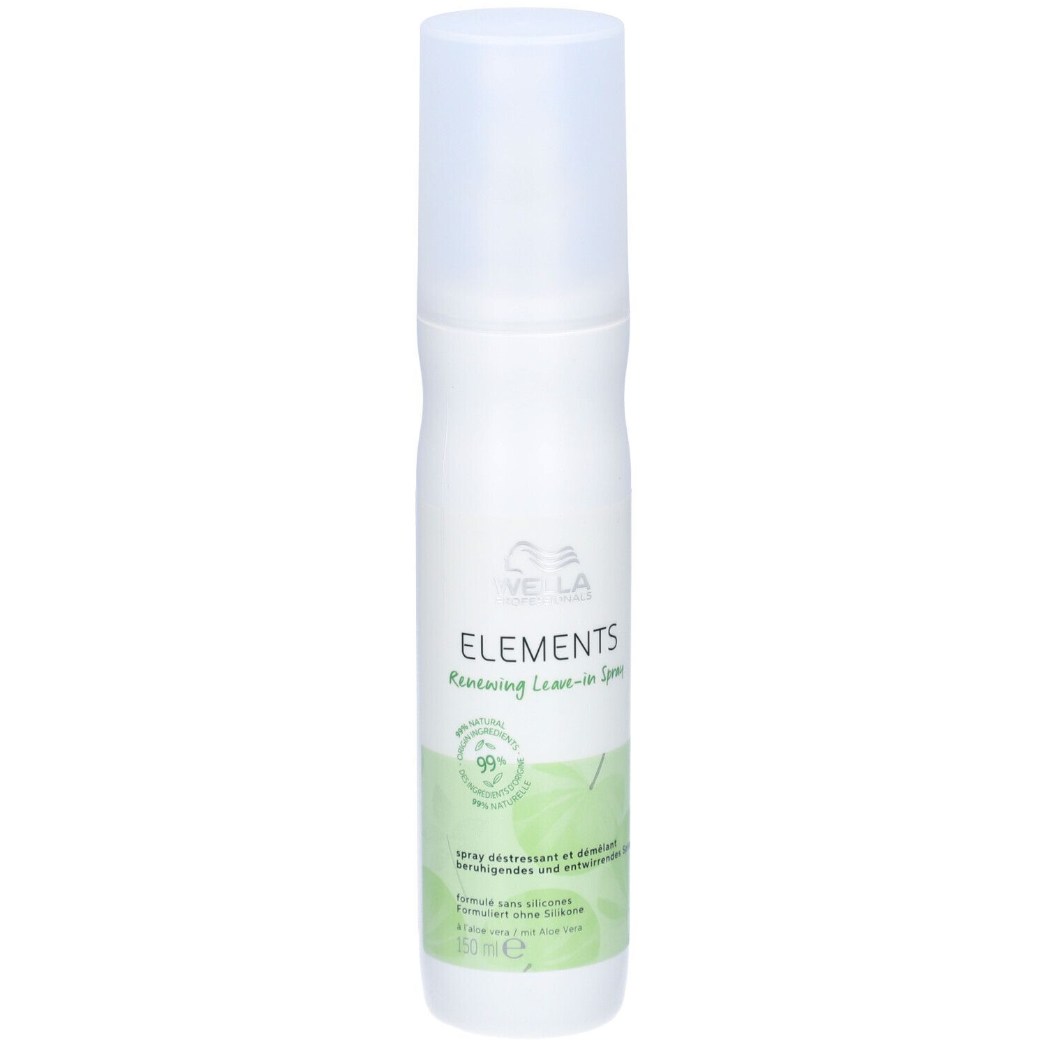 Witte sprayfles met groen etiket. Opschrift: ELEMENTS Renewing Leave-in Spray. 99% ingrediënten van natuurlijke oorsprong.