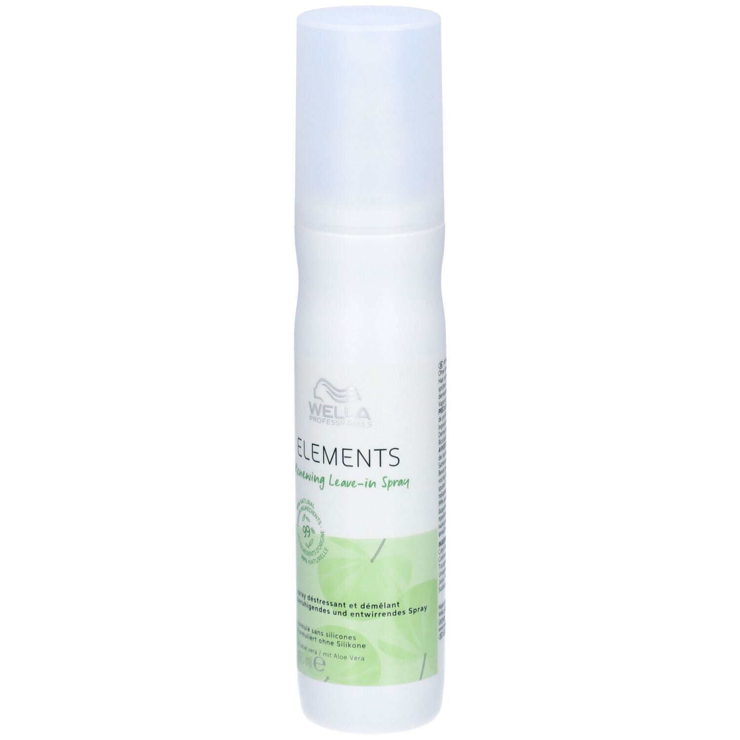 Witte sprayfles met groen etiket. Opschrift: ELEMENTS Renewing Leave-in Spray. 99% ingrediënten van natuurlijke oorsprong.