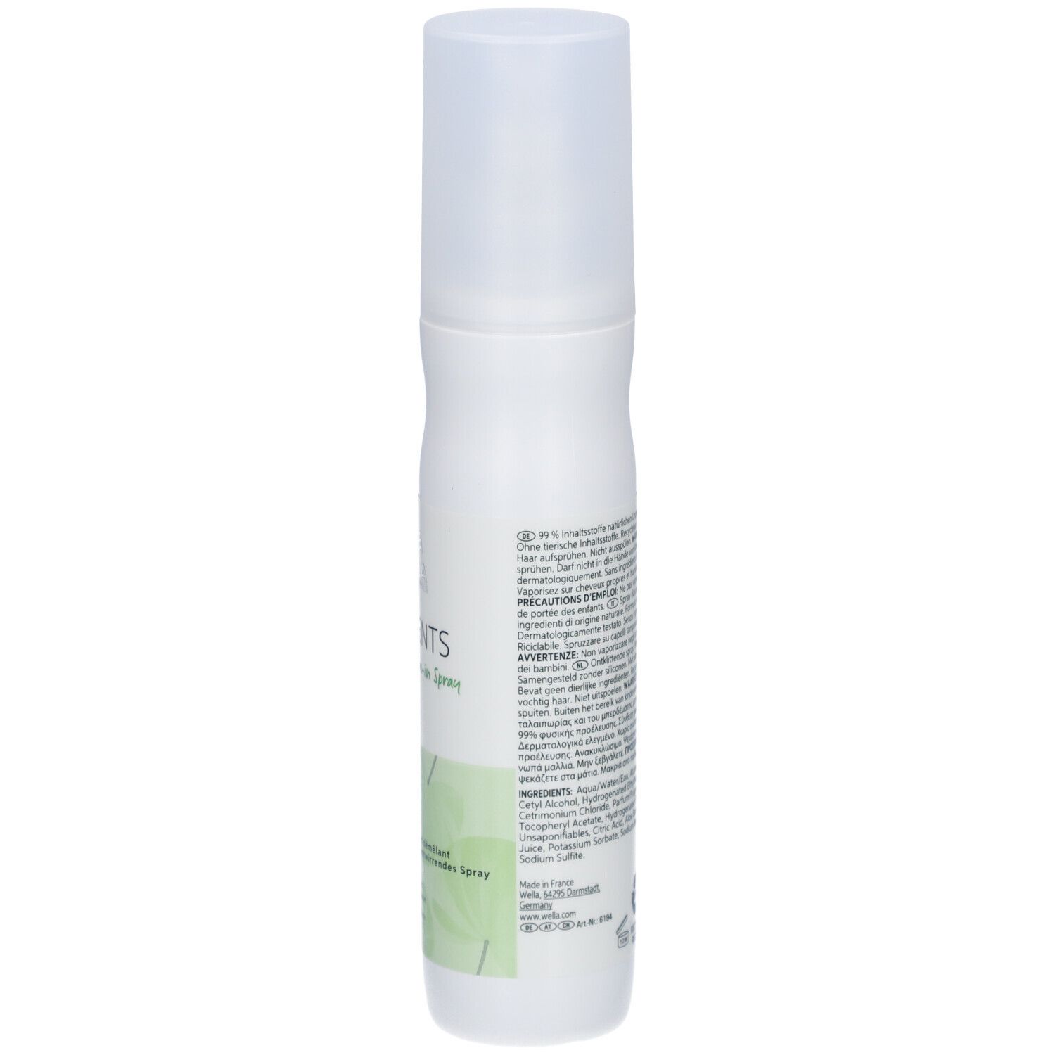 Witte sprayfles, achterkant met tekst en barcode. Opschrift: ELEMENTS Renewing Leave-in Spray. 99% natuurlijke ingrediënten.