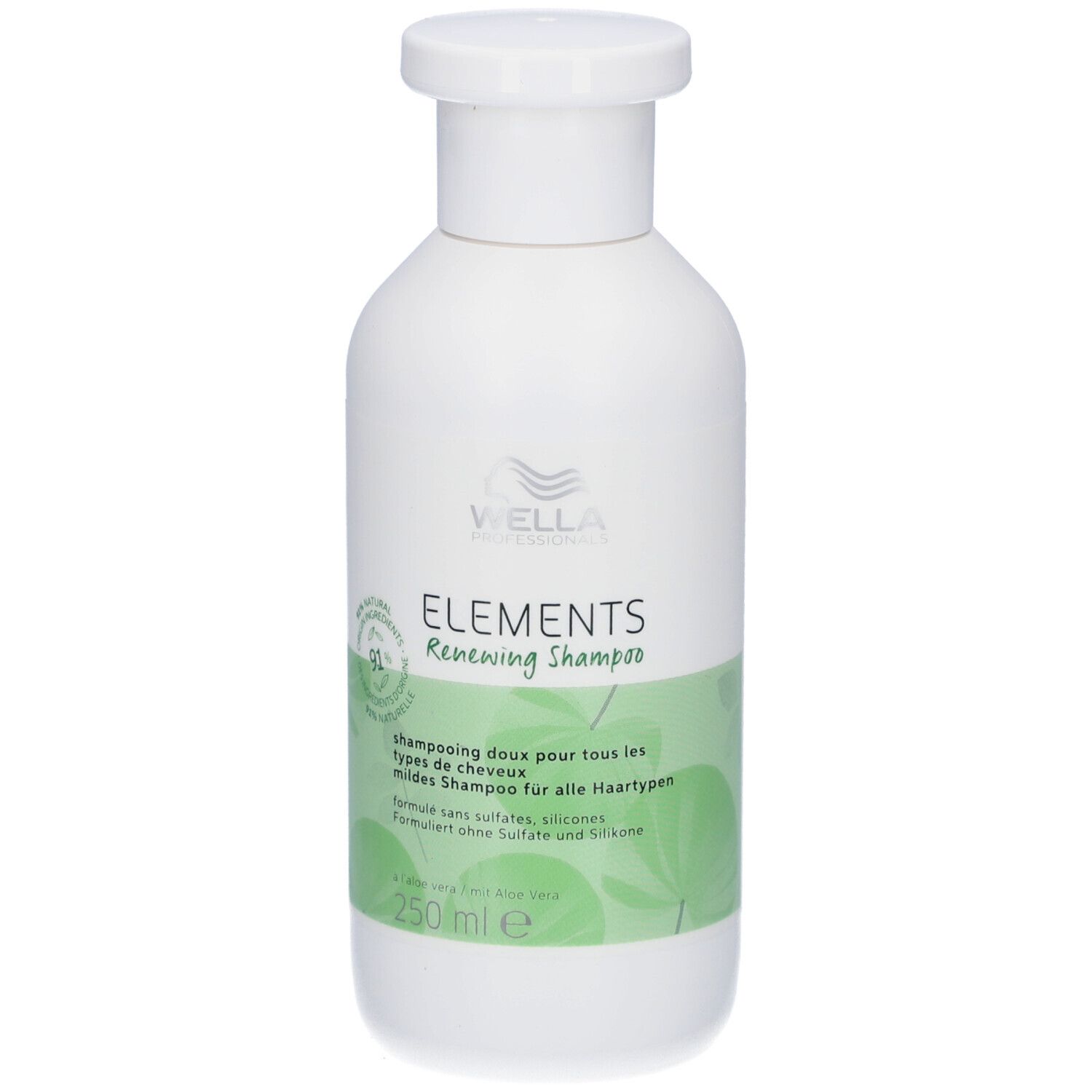 Witte fles Shampooing Wella Professionals Elements Renewing Shampooing. Groene etiketten met tekst en logo. 250 ml.