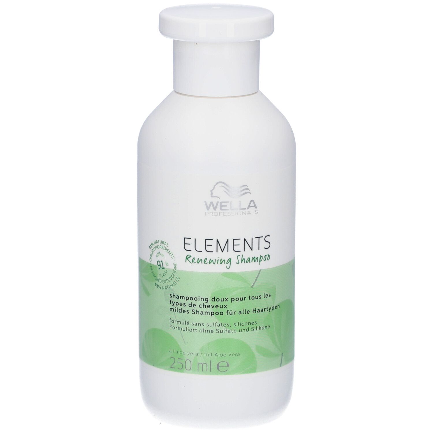 Witte shampoo fles met groen etiket. Tekst en logo. 250 ml. Zonder sulfaten en siliconen.