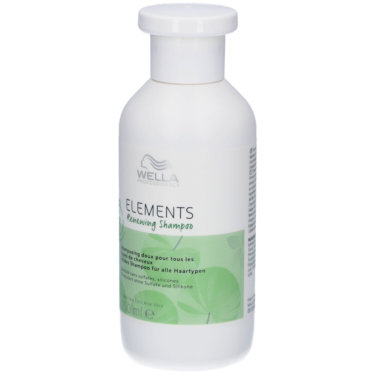 Witte shampoo fles met groen etiket. Tekst en logo. 250 ml. Zonder sulfaten en siliconen.