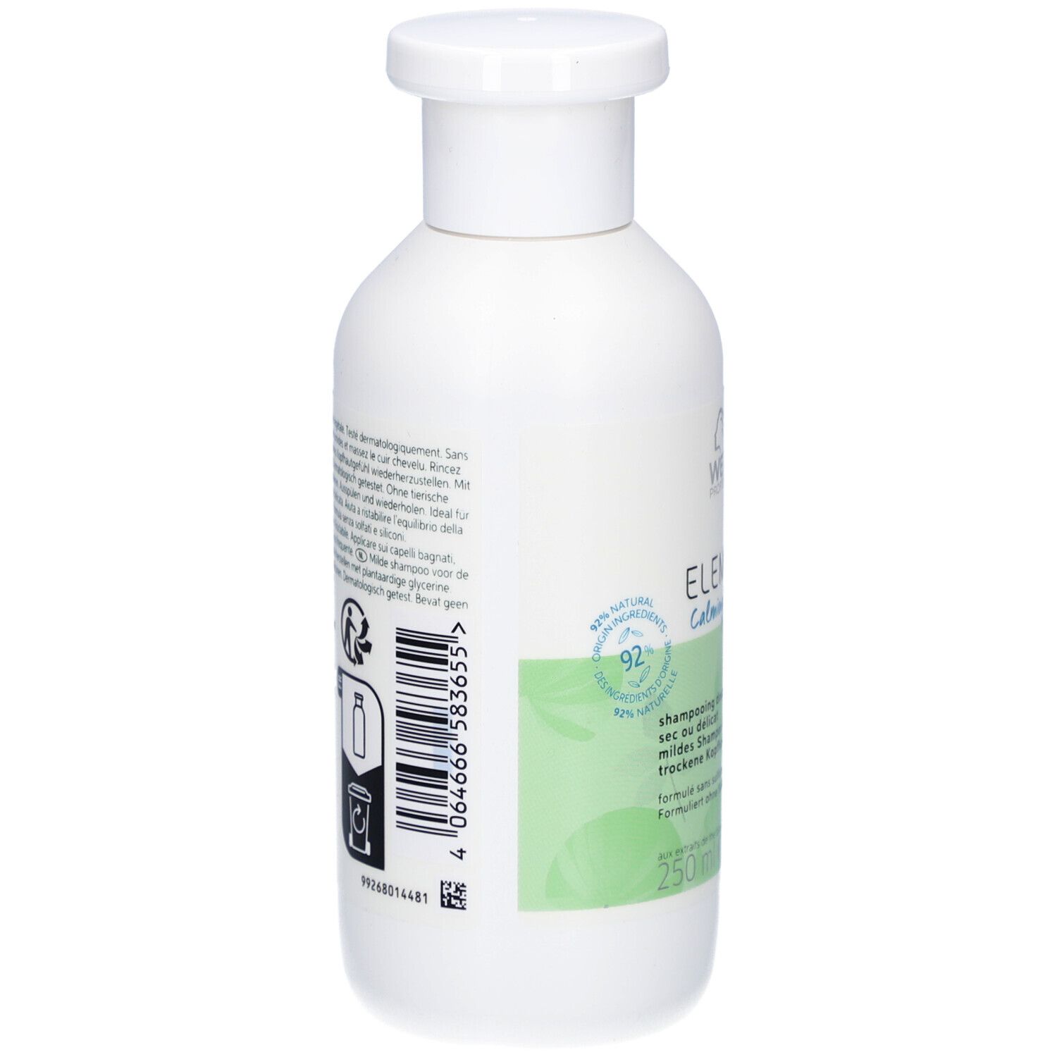 Dos d'un flacon de shampooing blanc. Étiquette avec texte et code-barres. Inscription : Wella Elements Calming Shampoo.