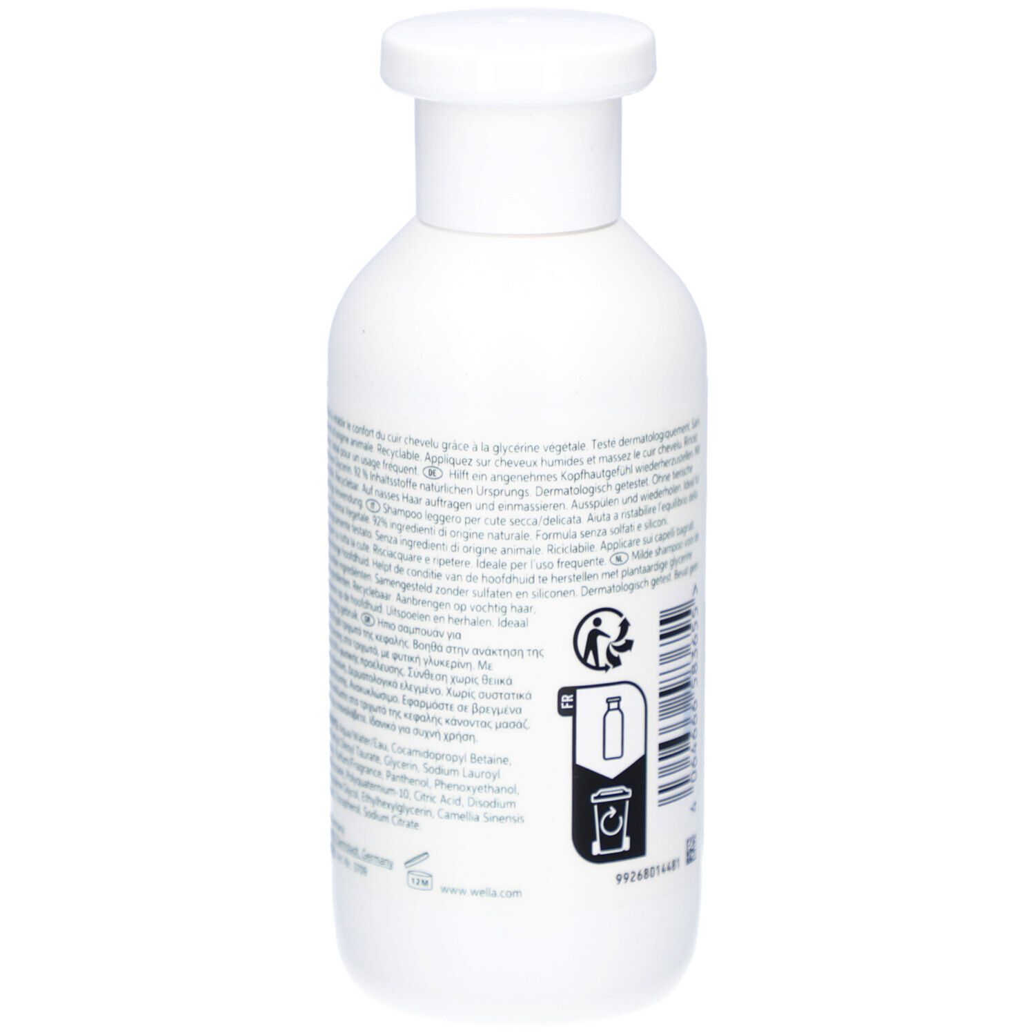 Dos d'un flacon de shampooing blanc avec texte. Inscription : Wella Elements Calming Shampoo. Symbole de recyclage.