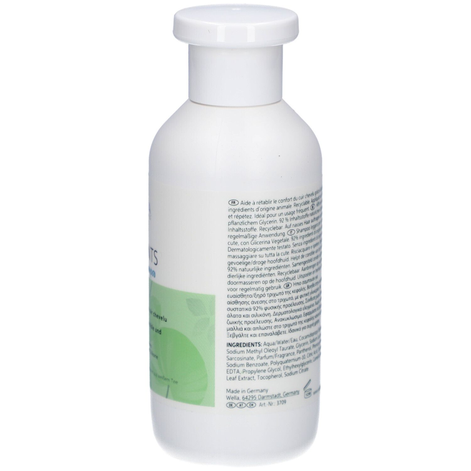 Dos d'un flacon de shampooing blanc avec texte. Inscription : Wella Elements Calming Shampoo. Ingrédients.