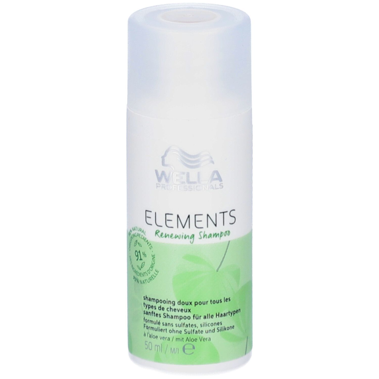 Wella Professionals Elements Renewing Shampoo. Witte fles met groen etiket. Productnaam en logo zichtbaar.