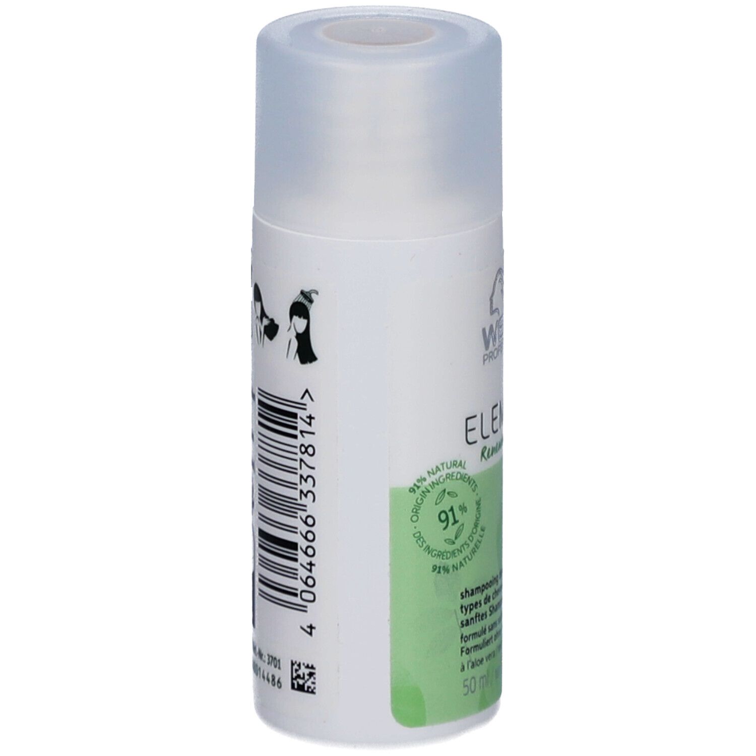 Wella Professionals Elements shampoo fles. Achterkant met barcode en tekst. Groen etiket met productinformatie.
