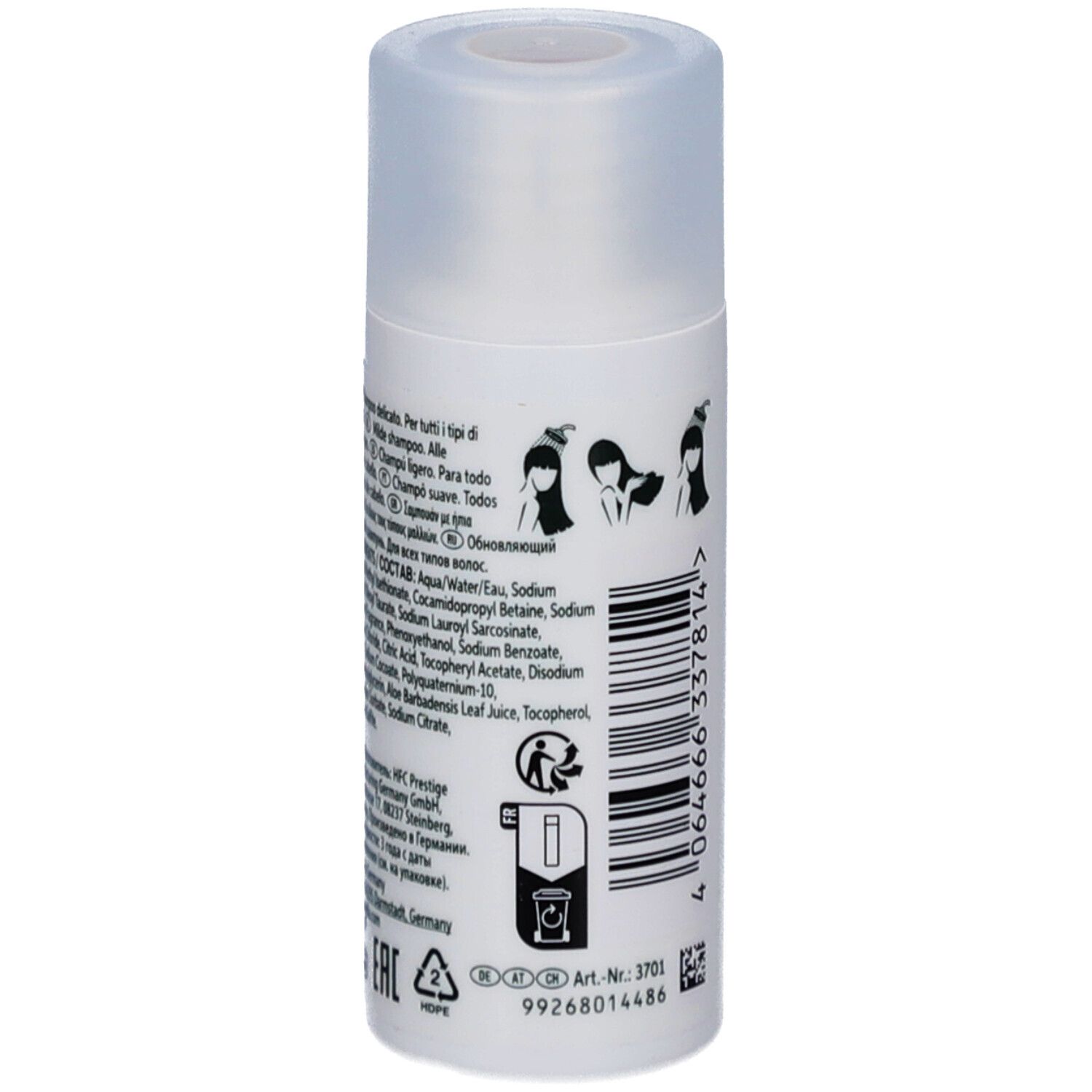 Achterkant van de shampoo fles. Tekst in meerdere talen. Barcode en recycling symbool. Ingrediënten en fabrikant.