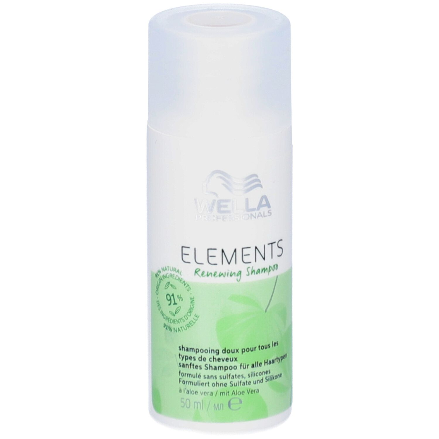 Wella Professionals Elements Renewing Shampoo. Witte fles met groen etiket. Productnaam en logo zichtbaar.