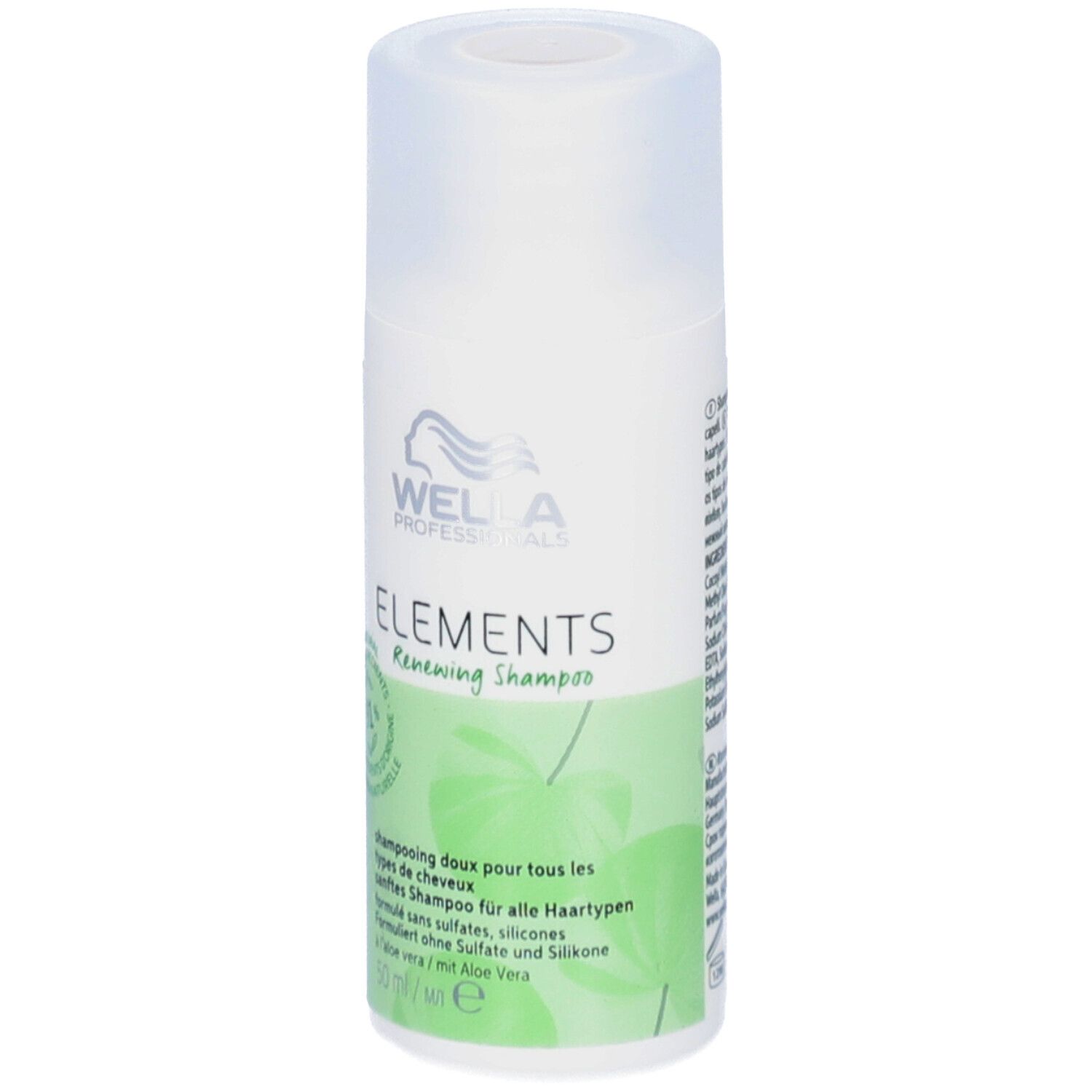 Wella Professionals Elements Renewing Shampoo. Witte fles met groen etiket. Productnaam en logo zichtbaar.