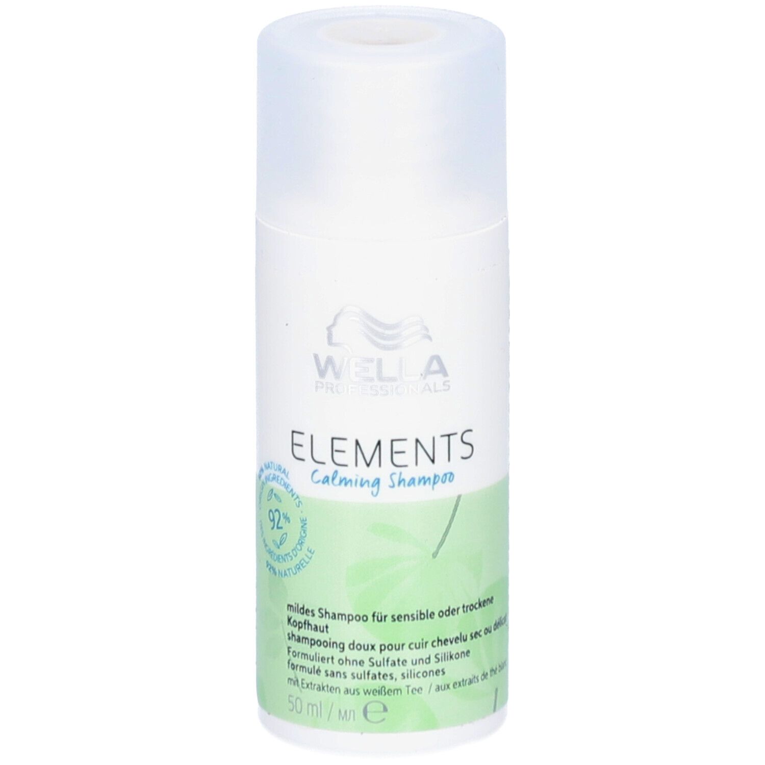 Witte fles Wella Professionals Elements Shampooing apaisant. Groene opdruk, transparante dop. 92% natuurlijke ingrediënten.