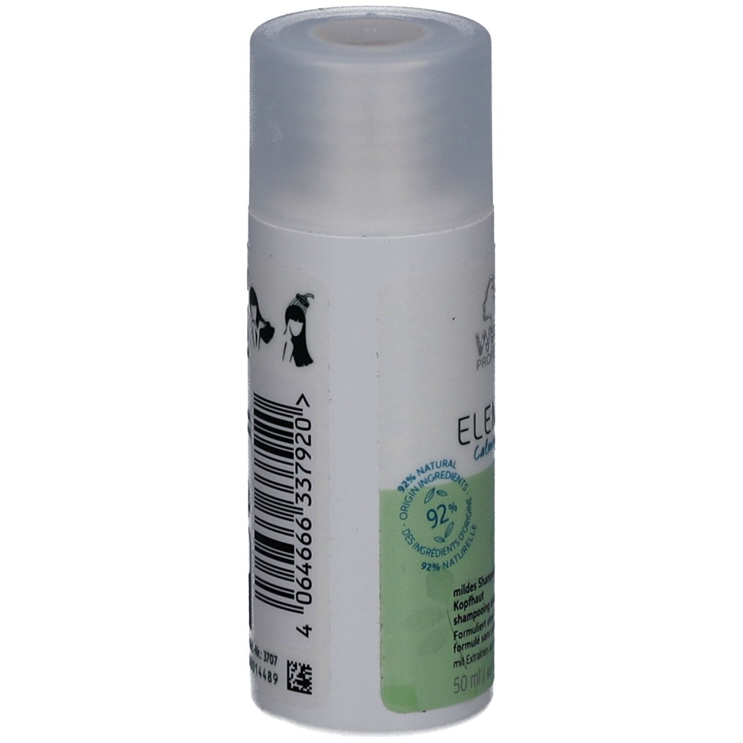 Achterkant witte fles. Streepjescode, productinfo en logo. 92% natuurlijke ingrediënten. Transparante dop.
