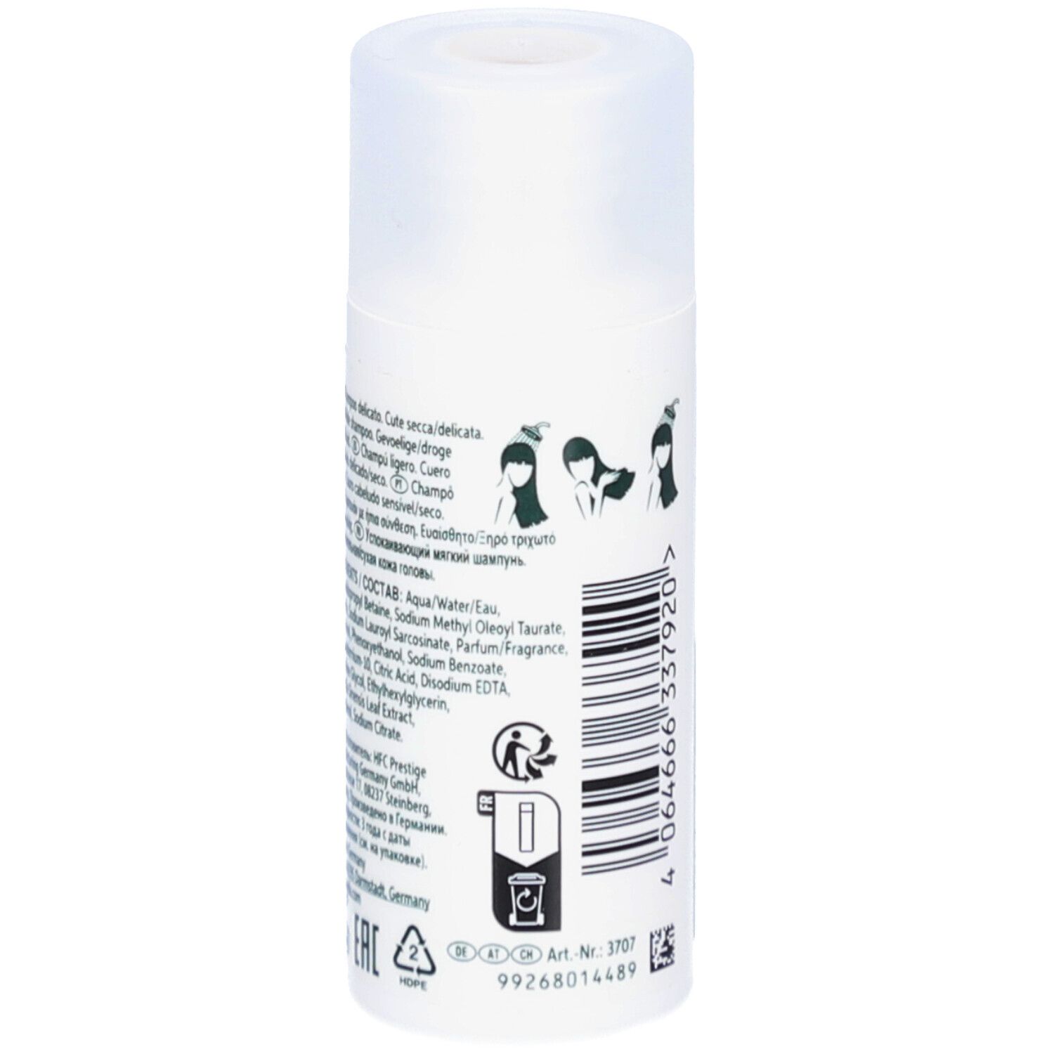 Achterkant witte fles. Productinfo, ingrediënten, logo's en streepjescode. Transparante dop.
