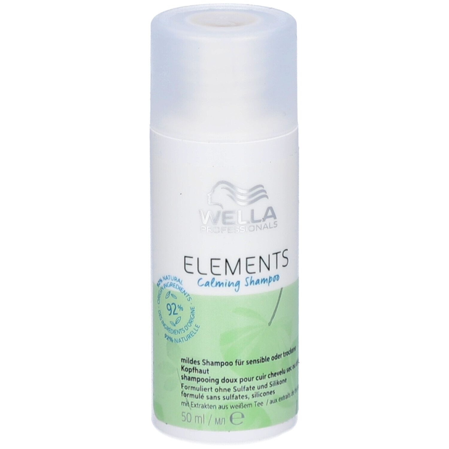 Witte fles Wella Professionals Elements Shampooing apaisant. Groene opdruk, transparante dop. 92% natuurlijke ingrediënten.