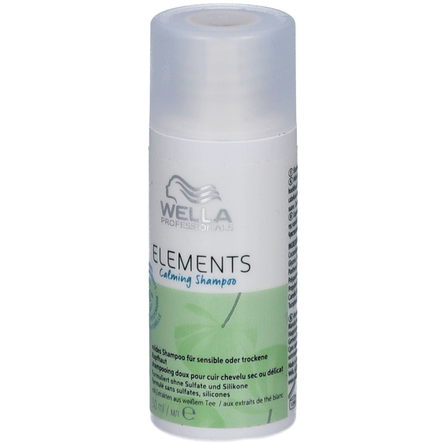 Witte fles Wella Professionals Elements Shampooing apaisant. Groene opdruk, transparante dop. 92% natuurlijke ingrediënten.