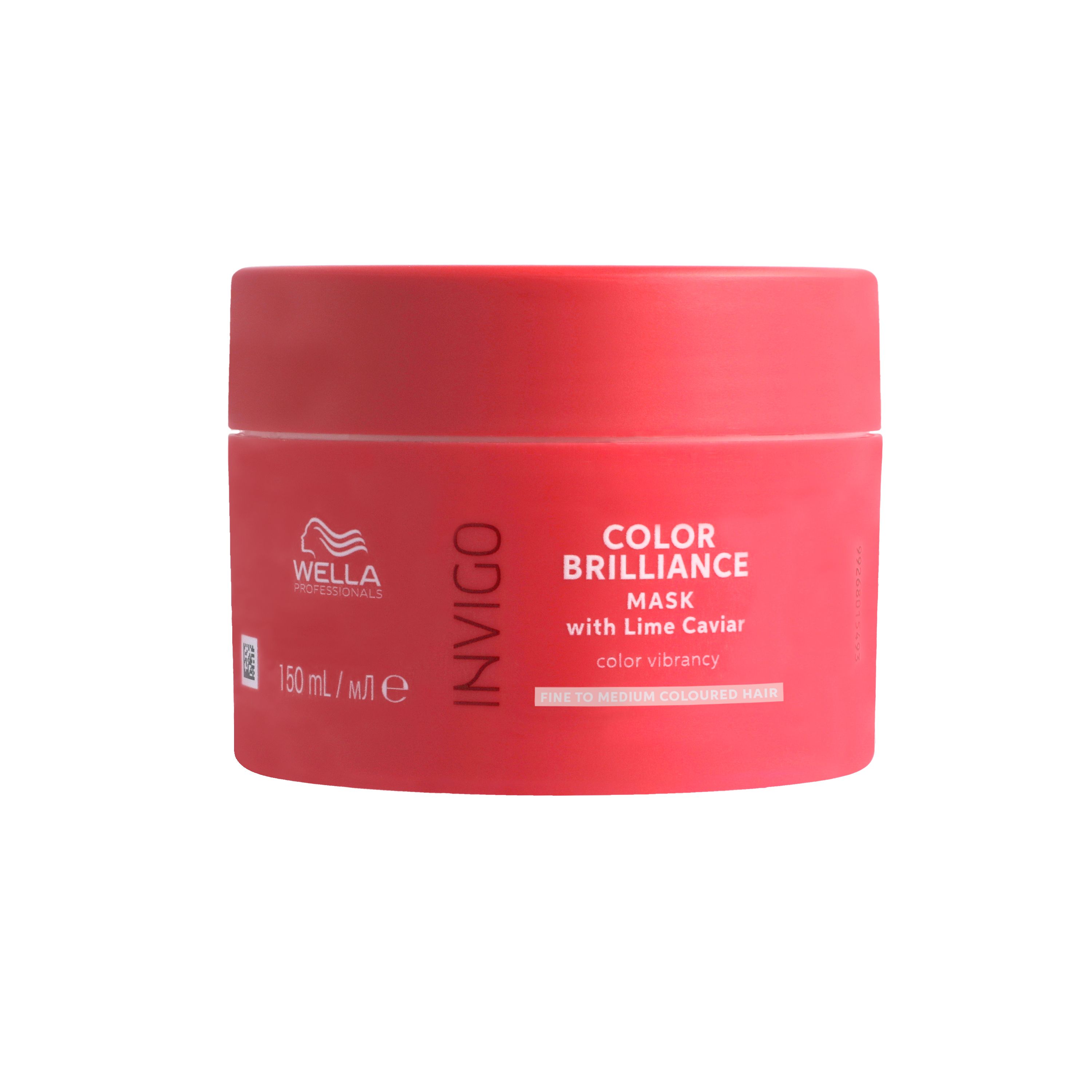 Ronde, roze pot. Opschrift: Invigo, Color Brilliance, Mask. Bevat 150 ml.