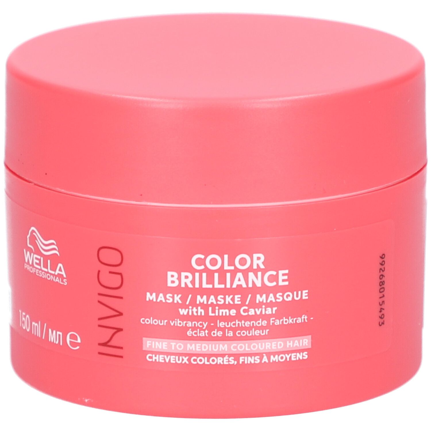 Ronde, roze pot. Opschrift: Invigo, Color Brilliance, Mask. Bevat 150 ml.