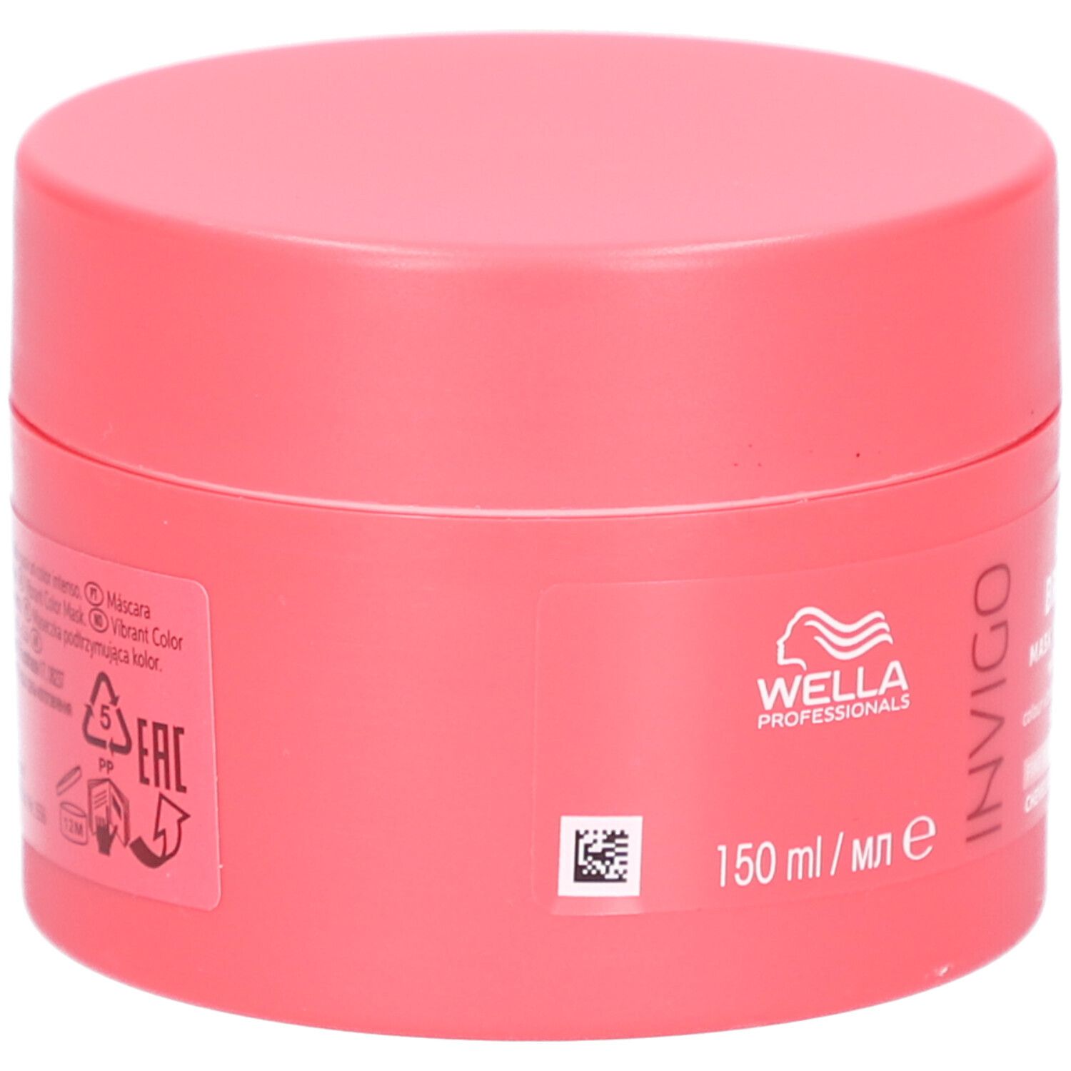 Roze pot met opschriften. Opschrift: Invigo. Bevat 150 ml. Met recyclagesymbolen.