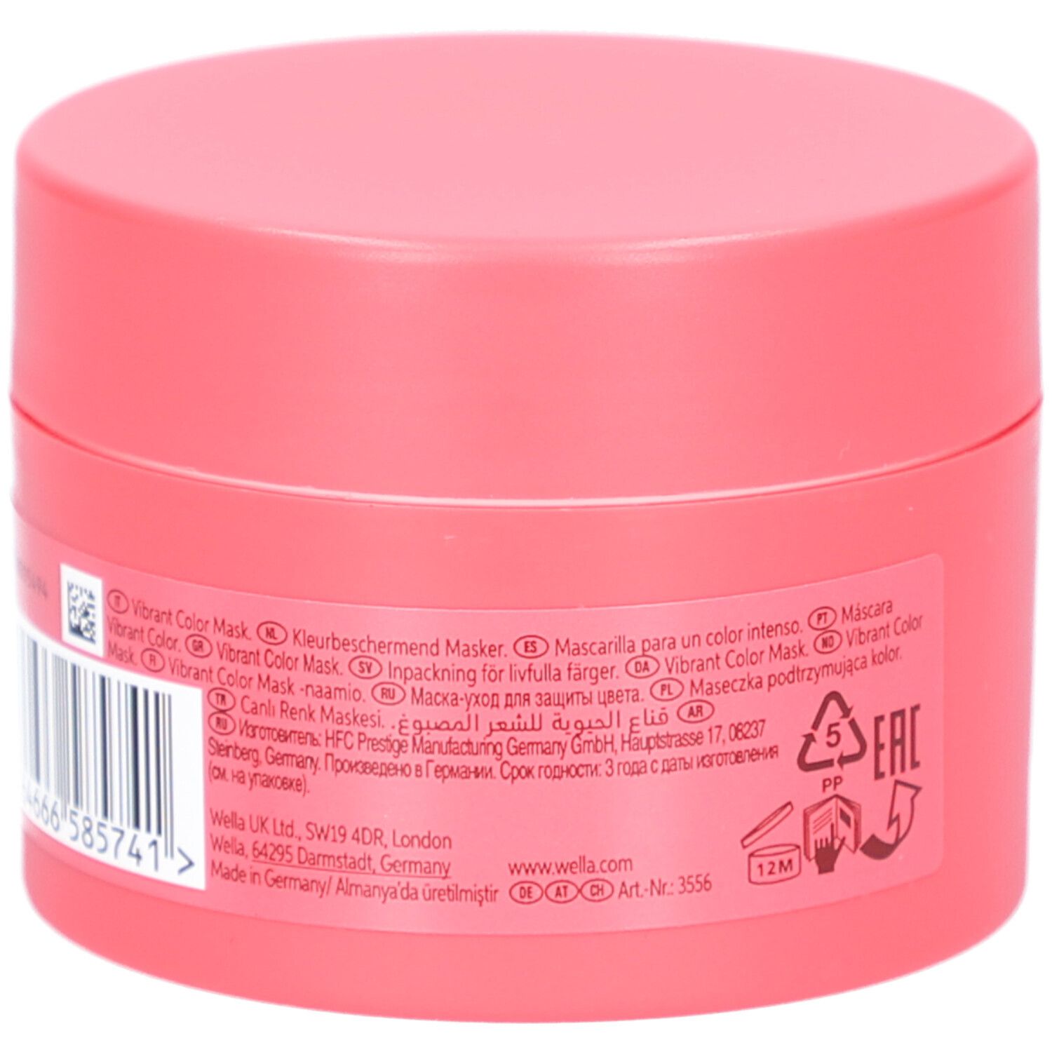 Roze pot met opschriften en barcode. Opschrift: Vibrant Color Mask. Met recyclagesymbolen.