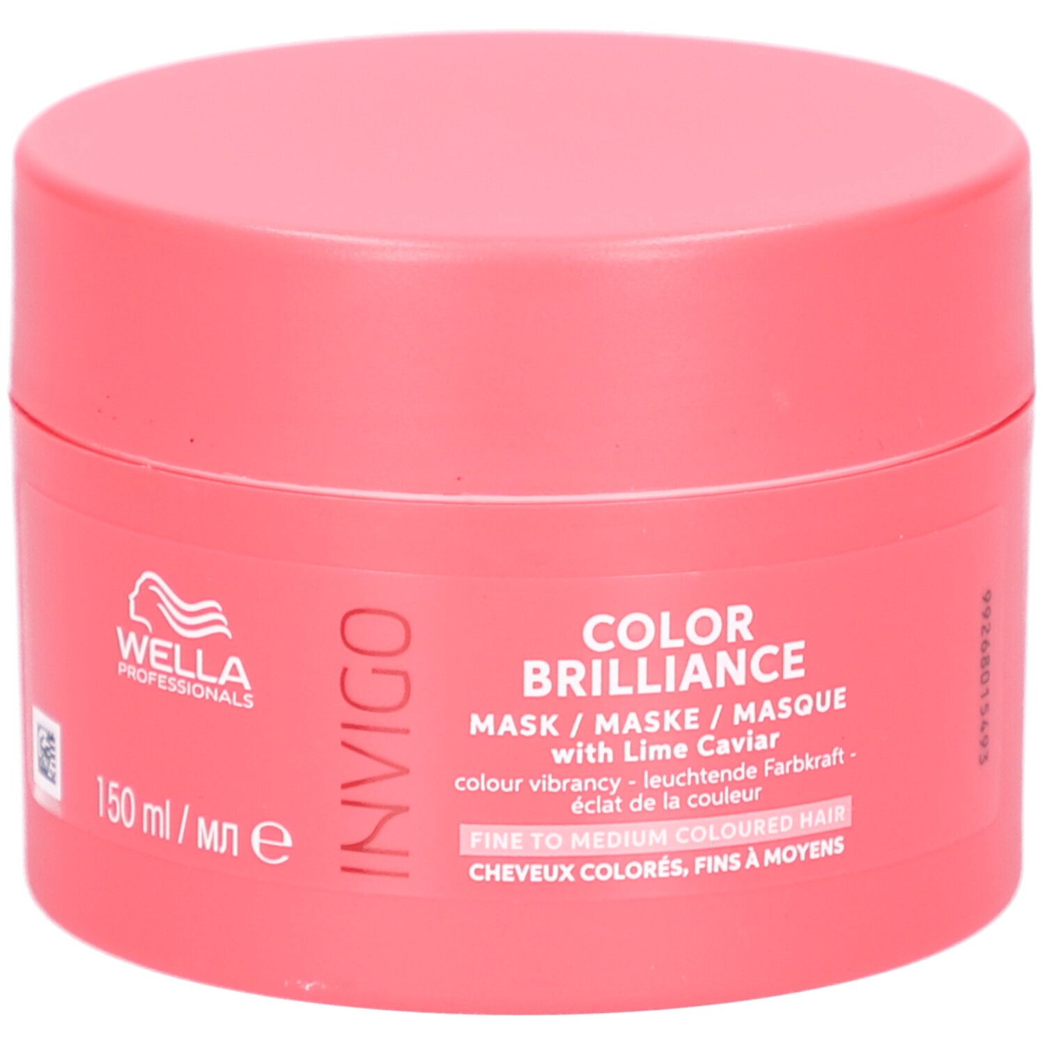 Ronde, roze pot. Opschrift: Invigo, Color Brilliance, Mask. Bevat 150 ml.