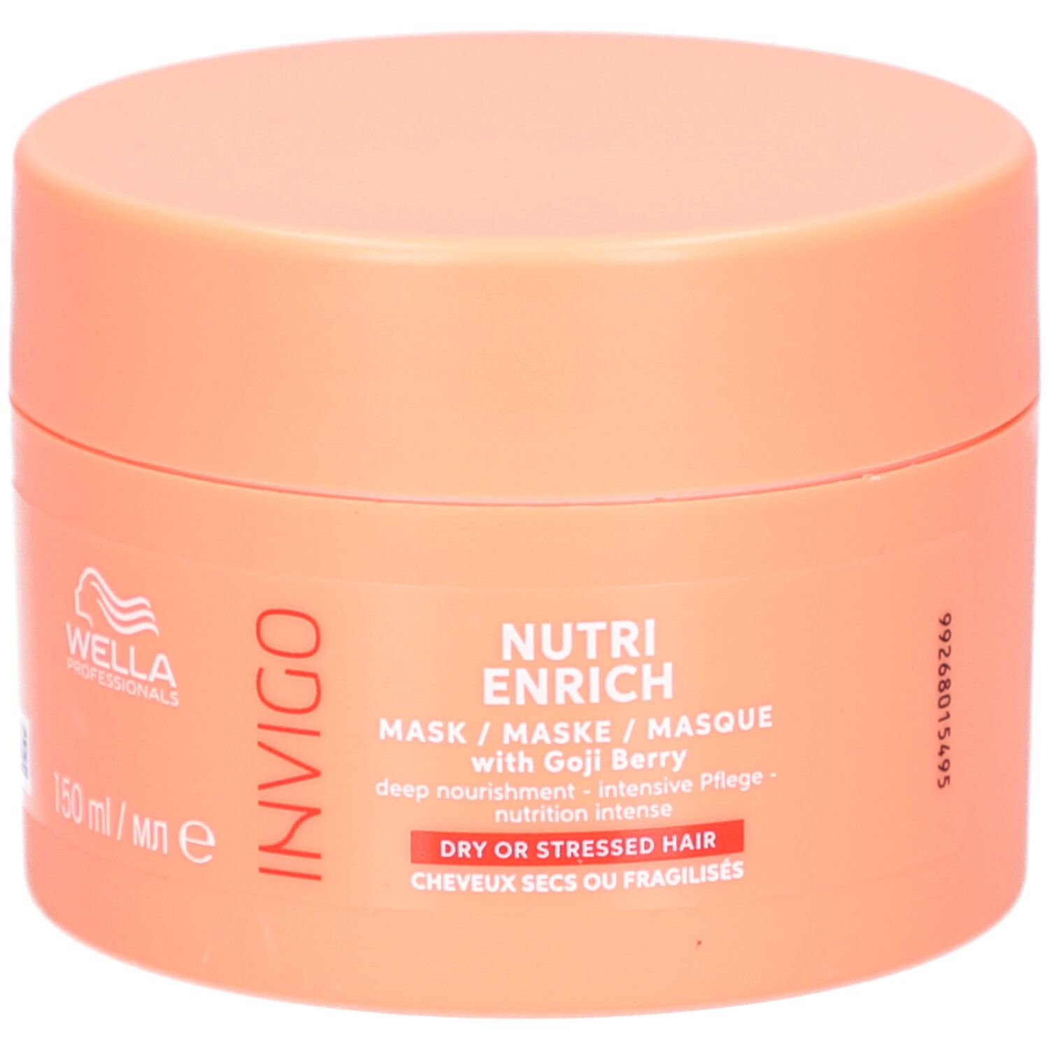 Ronde pot met oranje deksel. Opschrift: Invigo Nutri Enrich Mask met Goji Berry. Voor droog of beschadigd haar.