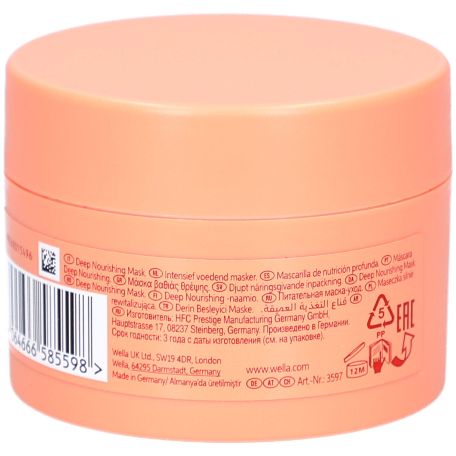 Ronde pot met oranje deksel. Achterkant met tekst. Bevat informatie over ingrediënten en fabrikant.