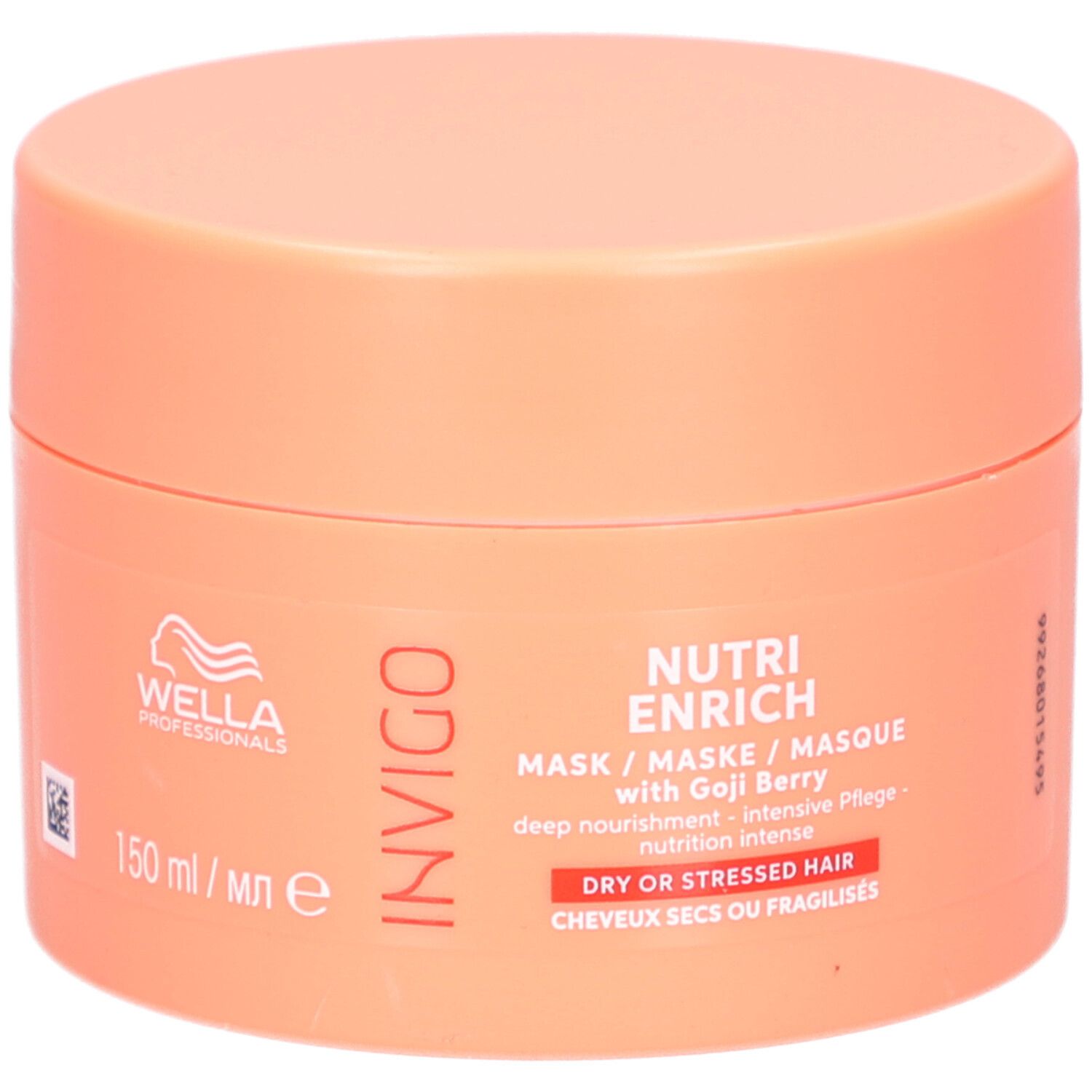 Ronde pot met oranje deksel. Opschrift: Invigo Nutri Enrich Mask met Goji Berry. Voor droog of beschadigd haar.