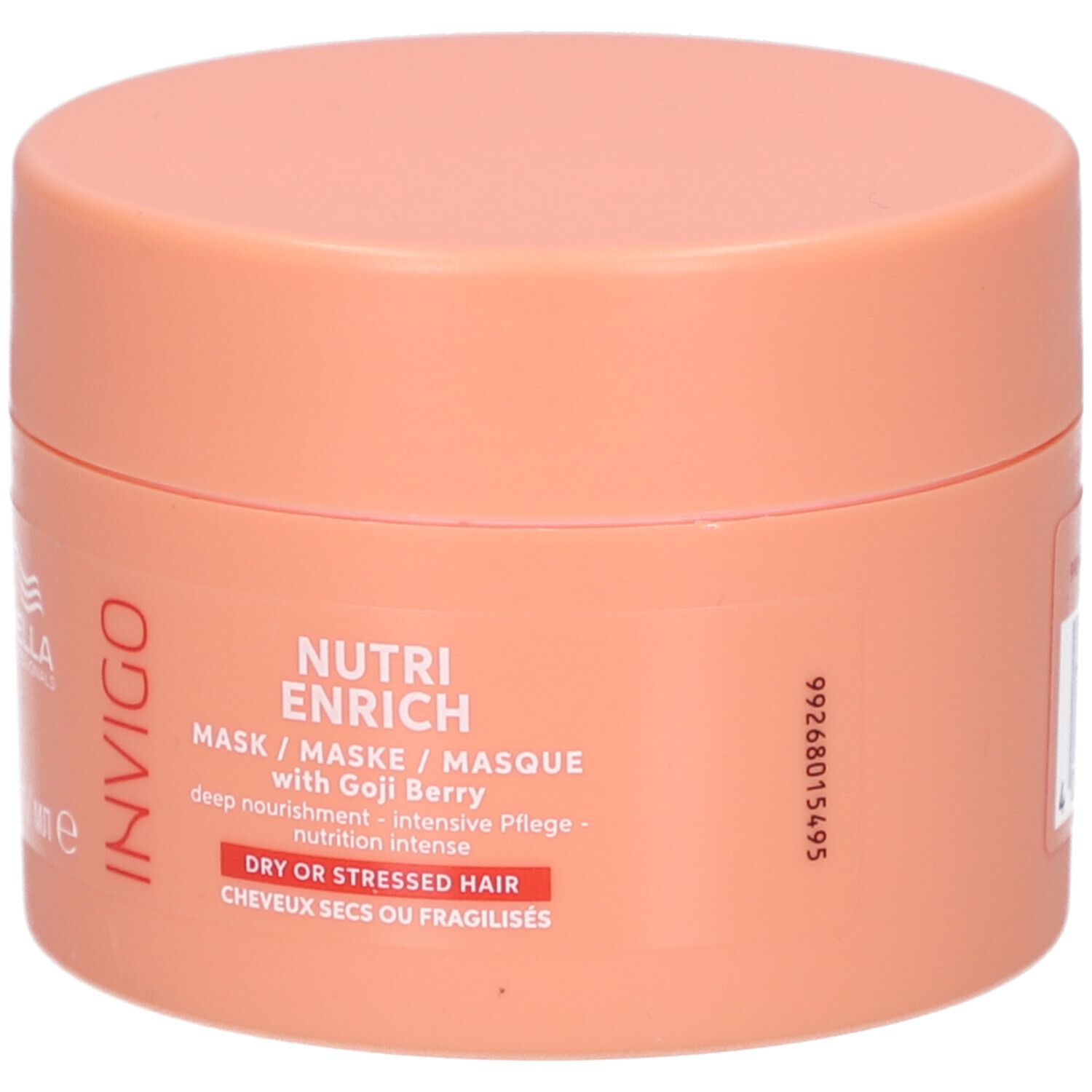 Ronde pot met oranje deksel. Opschrift: Nutri Enrich Mask met Goji Berry. Voor droog of beschadigd haar.