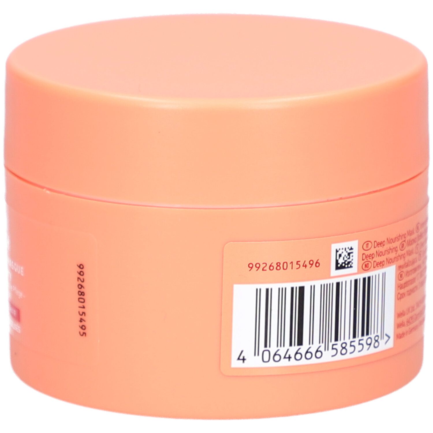 Ronde pot met oranje deksel. Achterkant met tekst en barcode. Bevat informatie over het product.