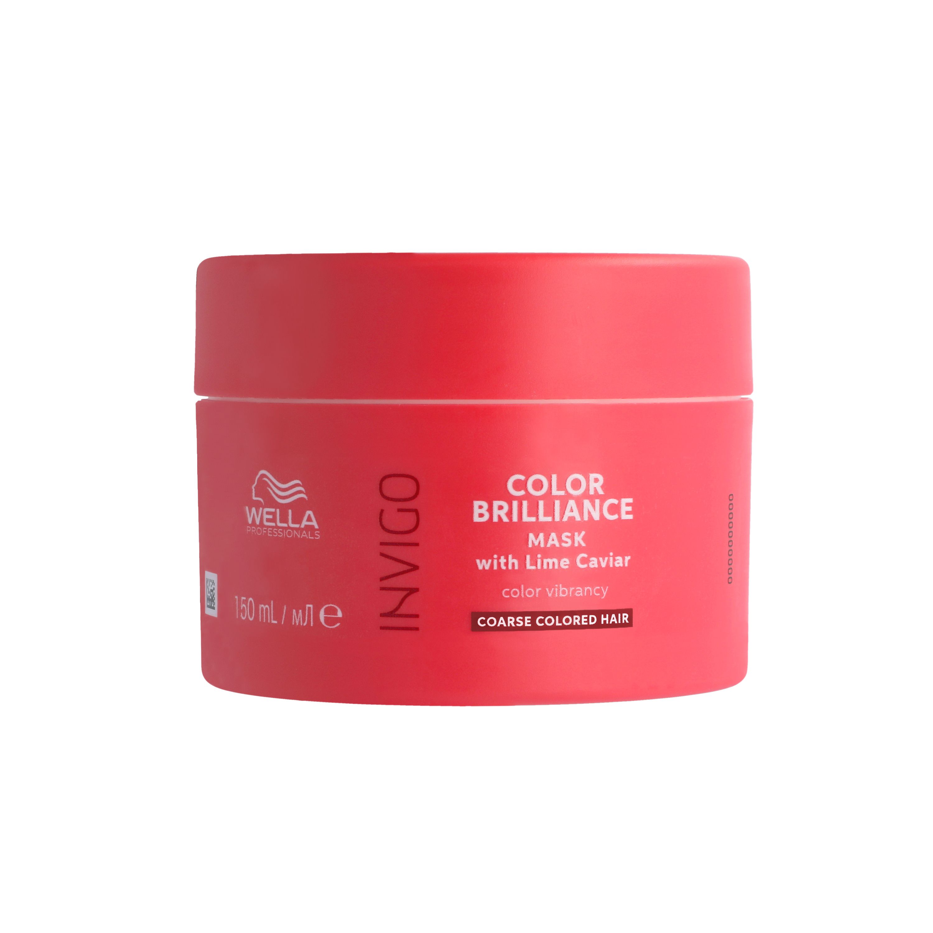 Ronde, rode pot. Opschrift: INVIGO, COLOR BRILLIANCE, masker met limoenkaviaar. Voor gekleurd, dik haar.