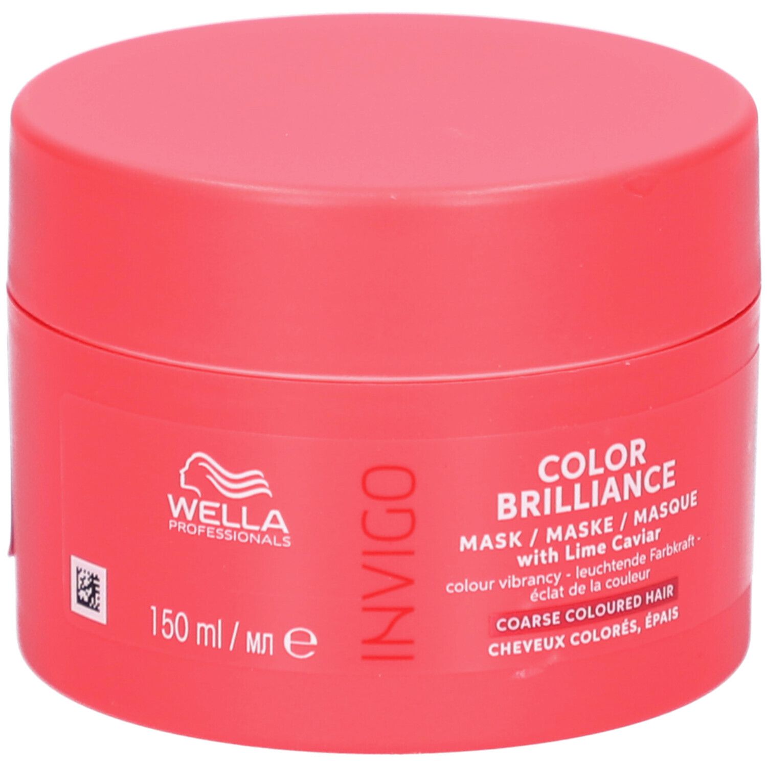 Ronde, rode pot. Opschrift: INVIGO, COLOR BRILLIANCE, masker met limoenkaviaar. Voor gekleurd, dik haar.