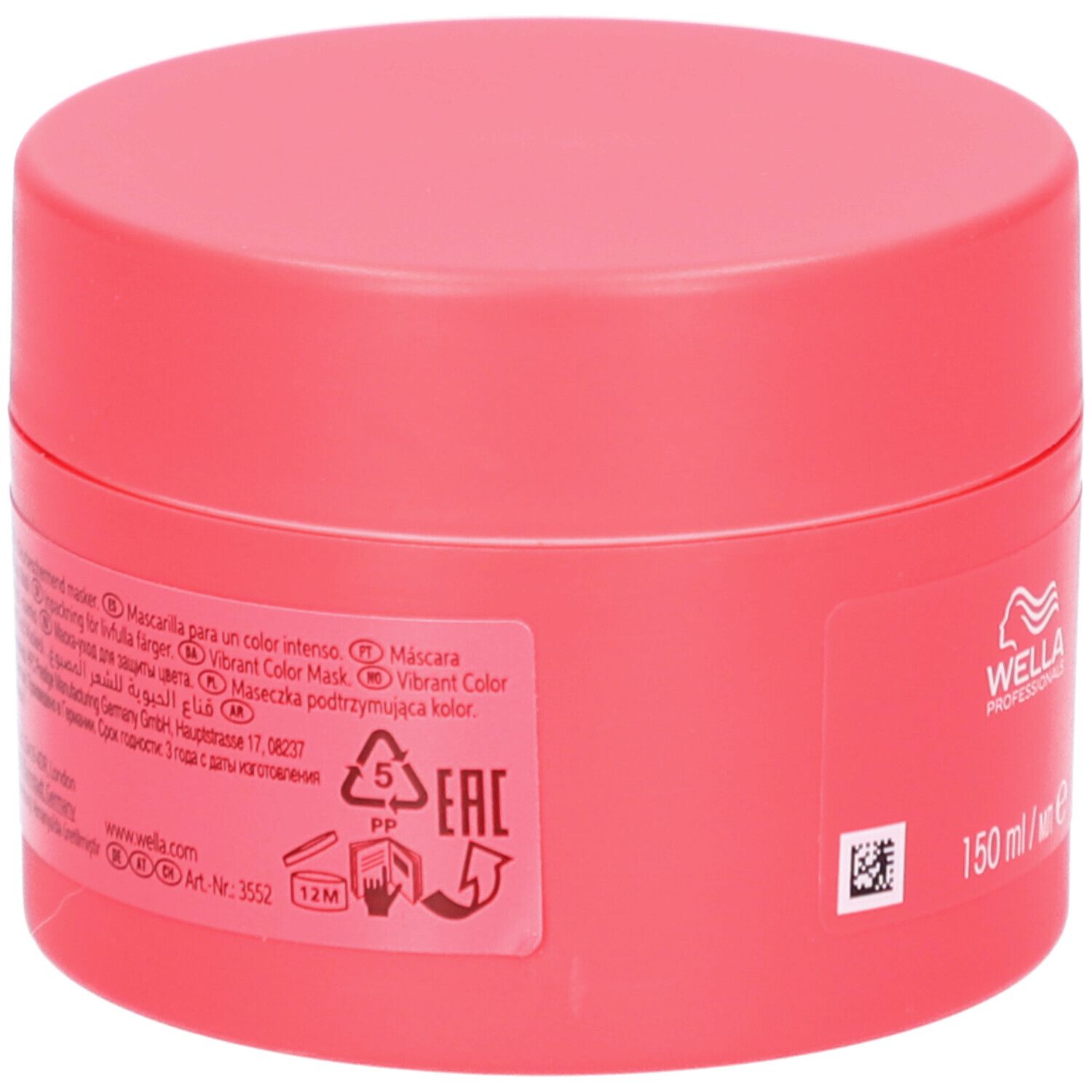 Rode pot, achterkant. Tekst: Vibrant Color Mask. Informatie over ingrediënten en fabrikant. 150 ml.
