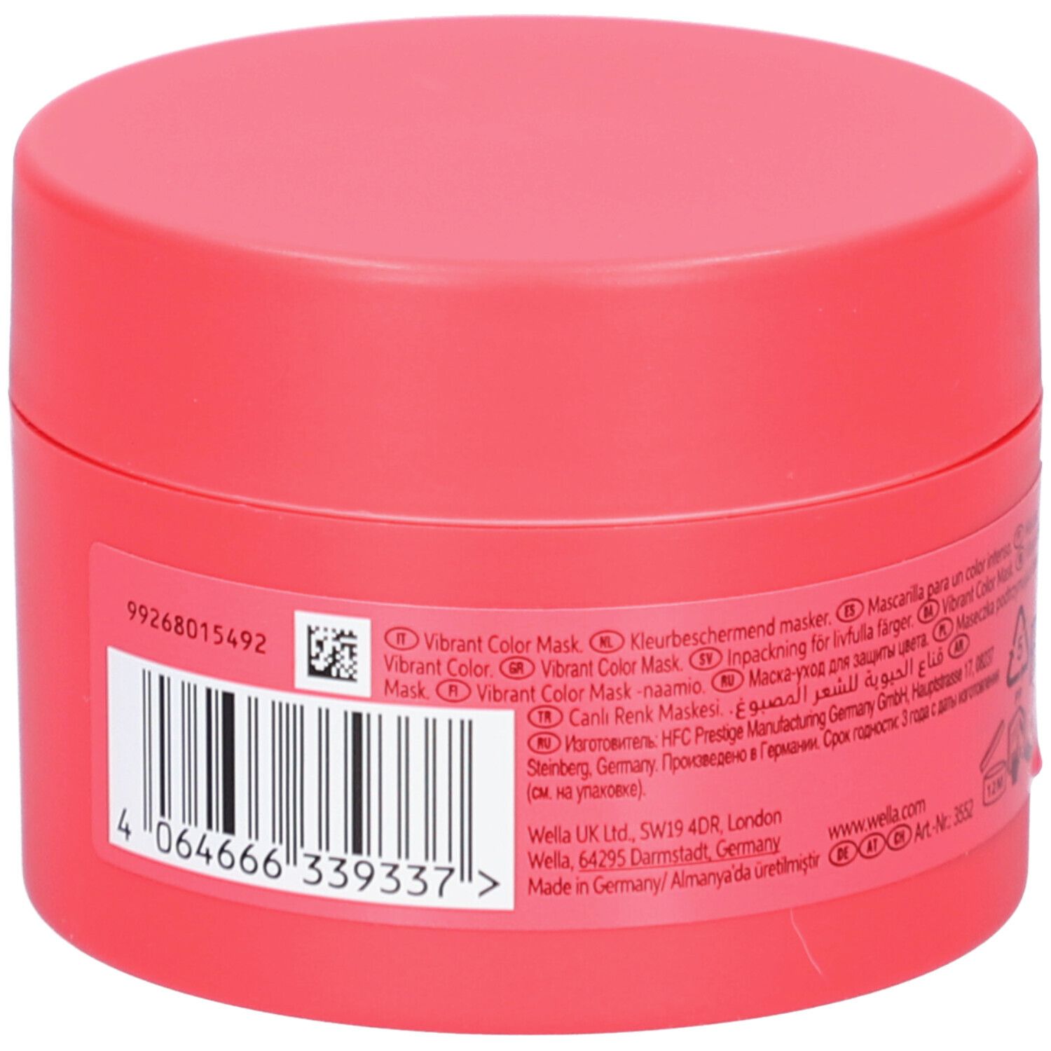 Rode pot, achterkant. Tekst: Vibrant Color Mask. Informatie over ingrediënten en fabrikant. Streepjescode.