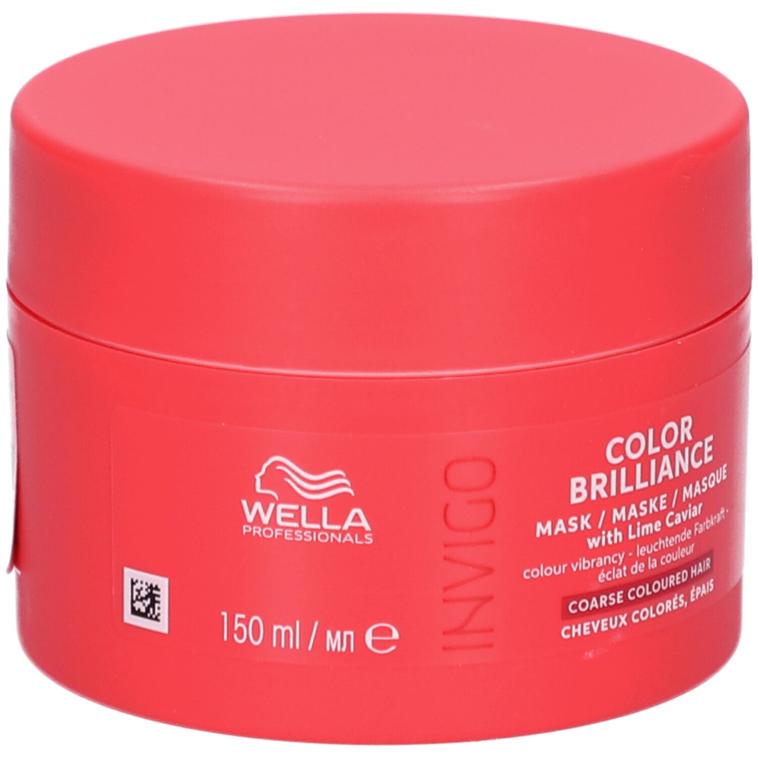 Ronde, rode pot. Opschrift: INVIGO, COLOR BRILLIANCE, masker met limoenkaviaar. Voor gekleurd, dik haar.