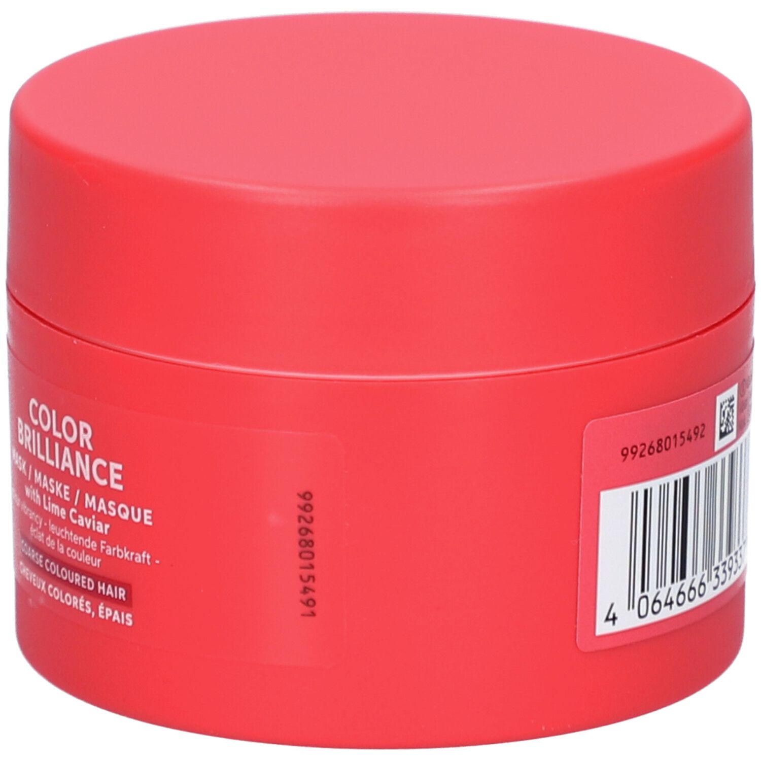 Ronde, rode pot. Opschrift: INVIGO, COLOR BRILLIANCE, masker met limoenkaviaar. Voor gekleurd, dik haar.